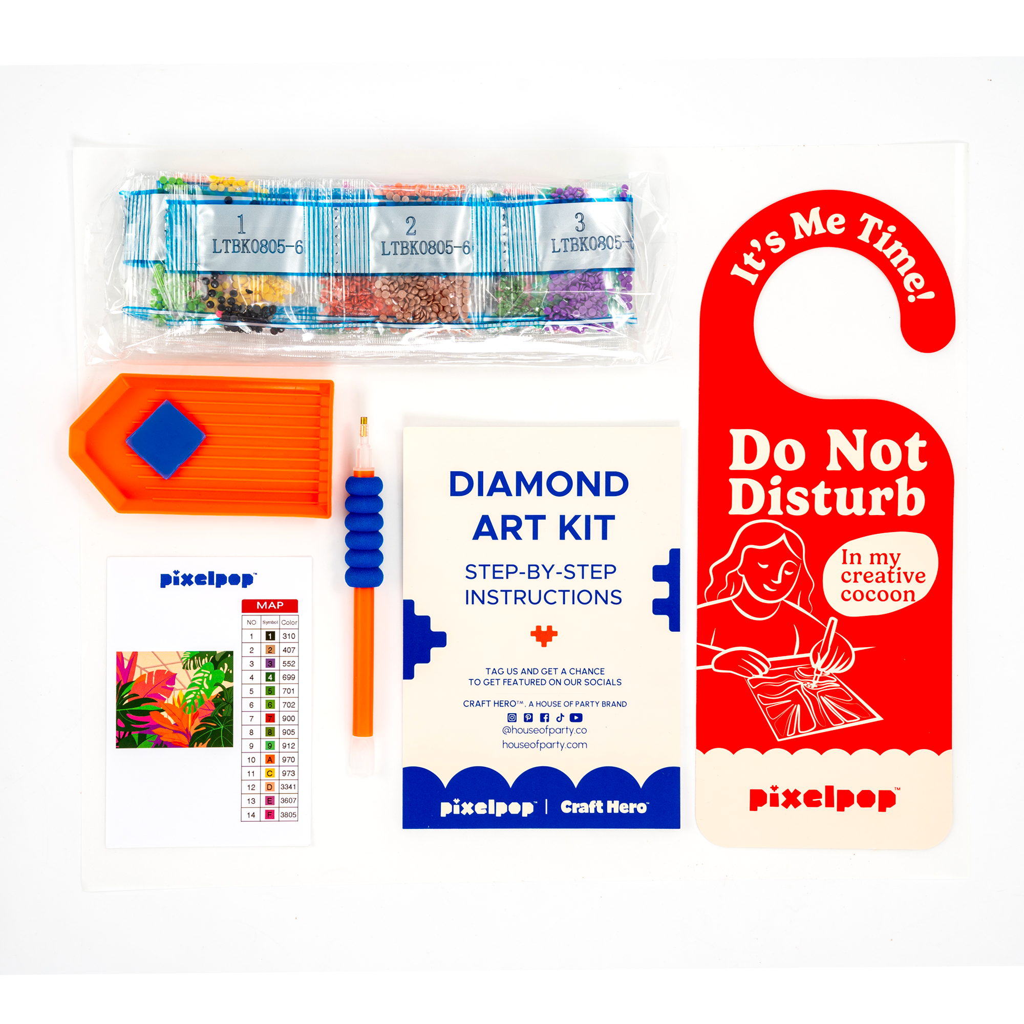 Diamond art kit with step-by-step instructions, a red 'Do Not Disturb' sign, and a colorful tool on a white background.