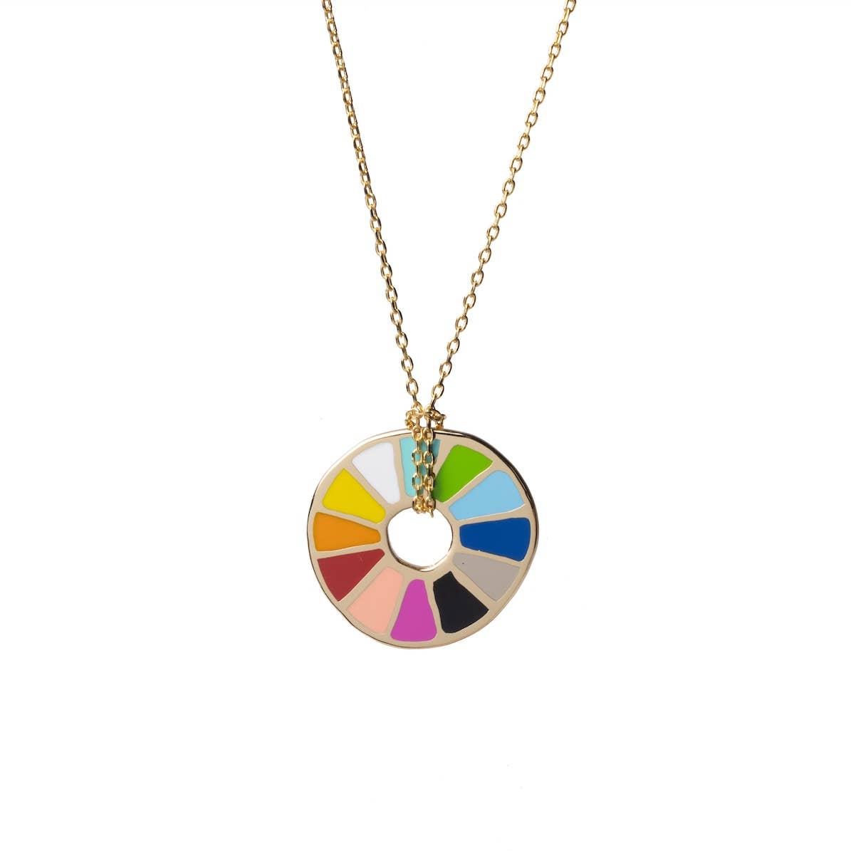 Necklace with a colorful circular pendant on a white background