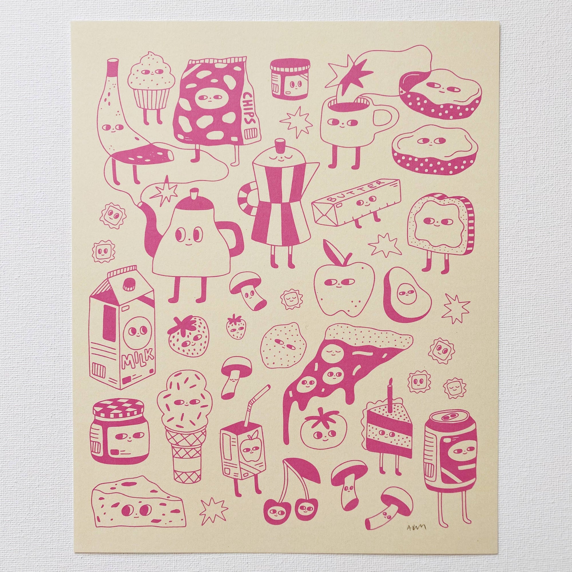 Beige paper with pink food-themed illustrations on a white background