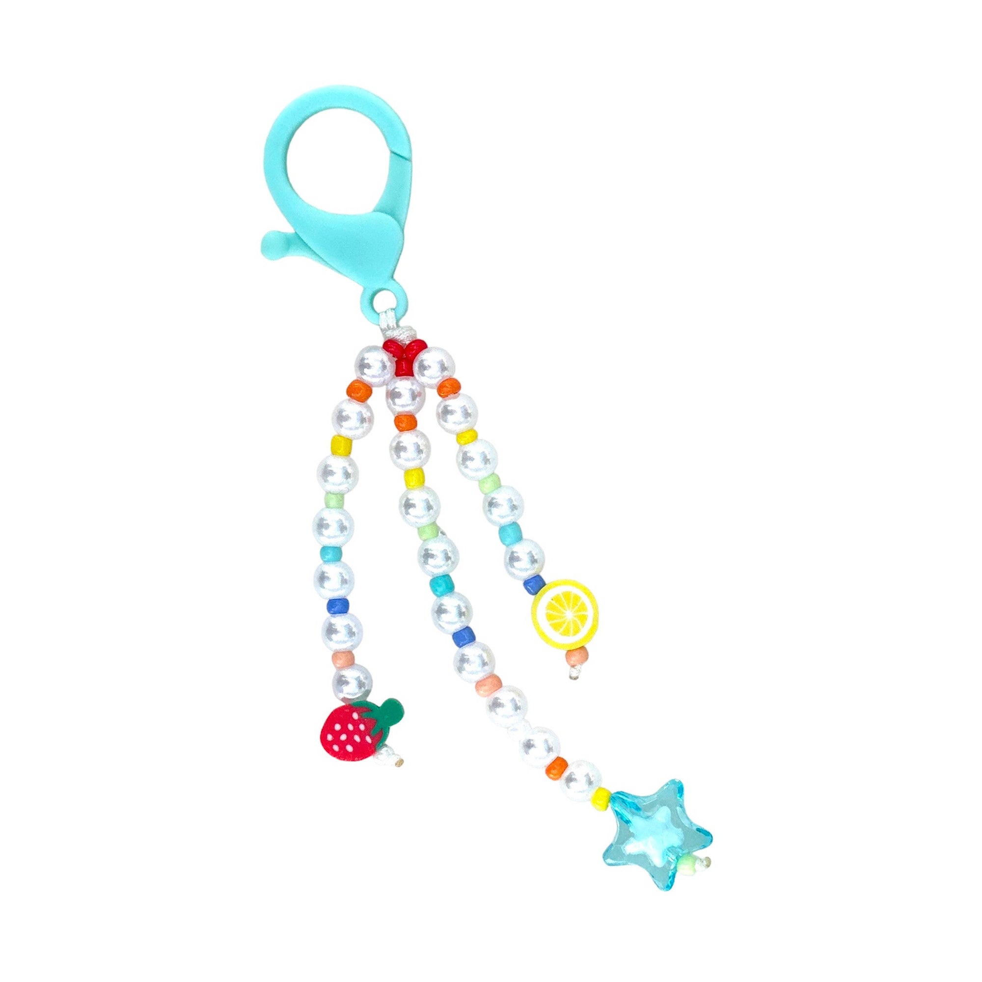 Colorful beaded keychain with star and fruit charms on a white background