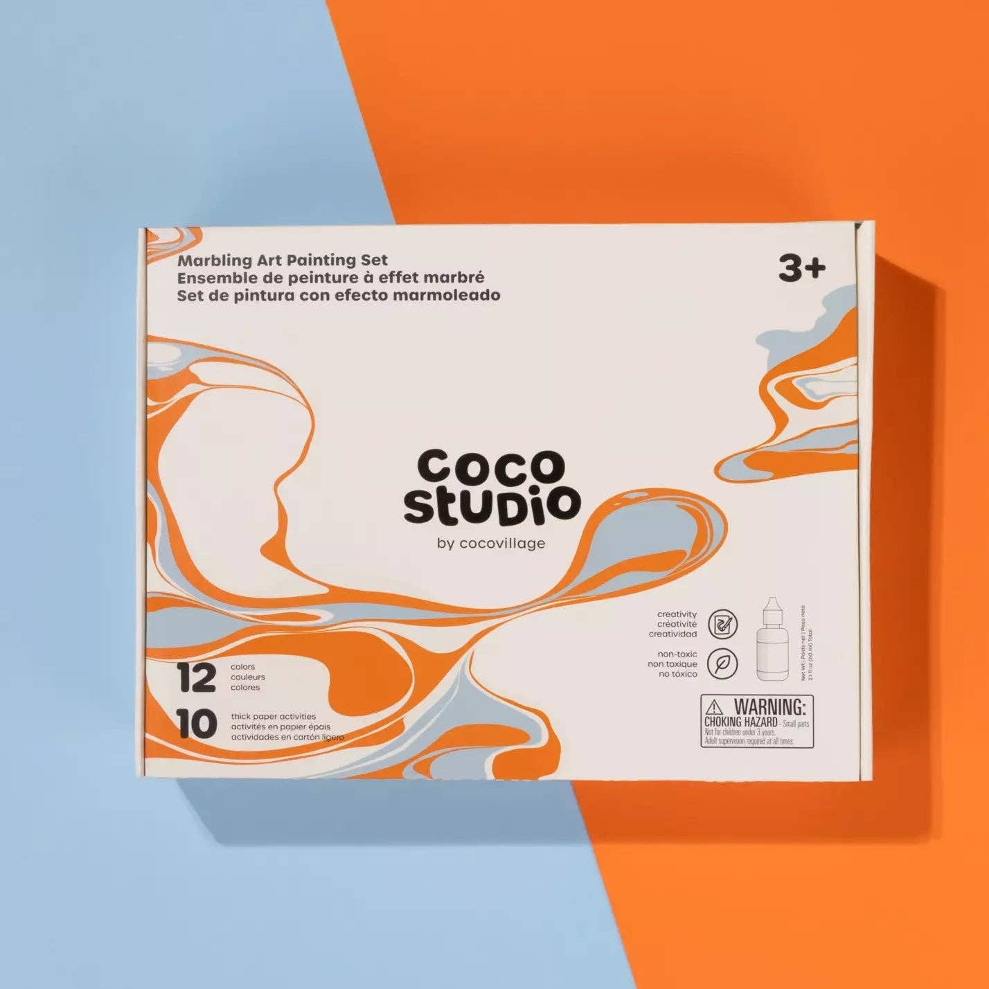 Coco Studio marbling art painting set packaging on a colorful background