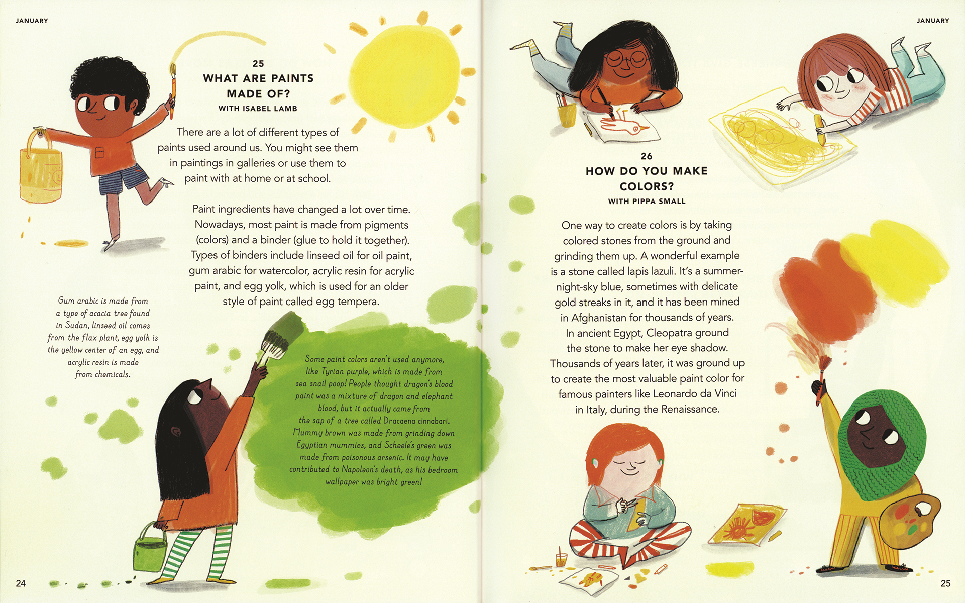 Open book with colorful illustrations and text about paints and colors