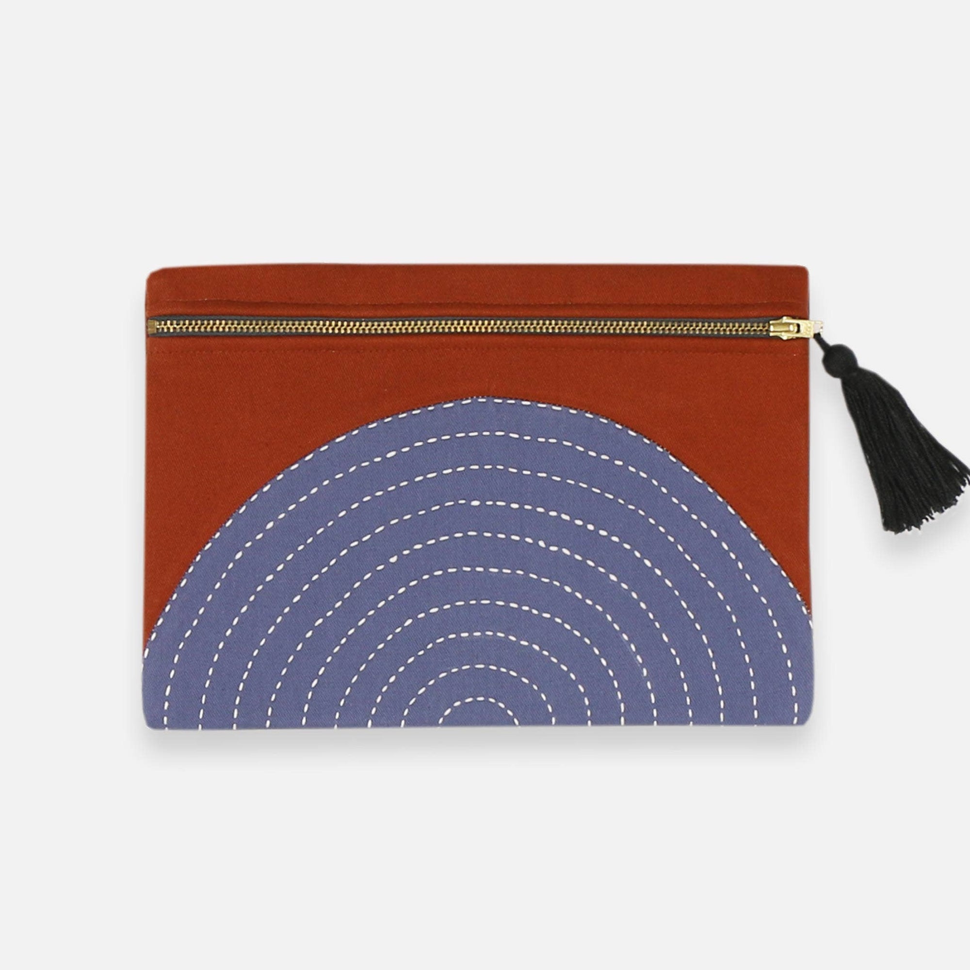 Pouch with brown top half and blue bottom half on a white background