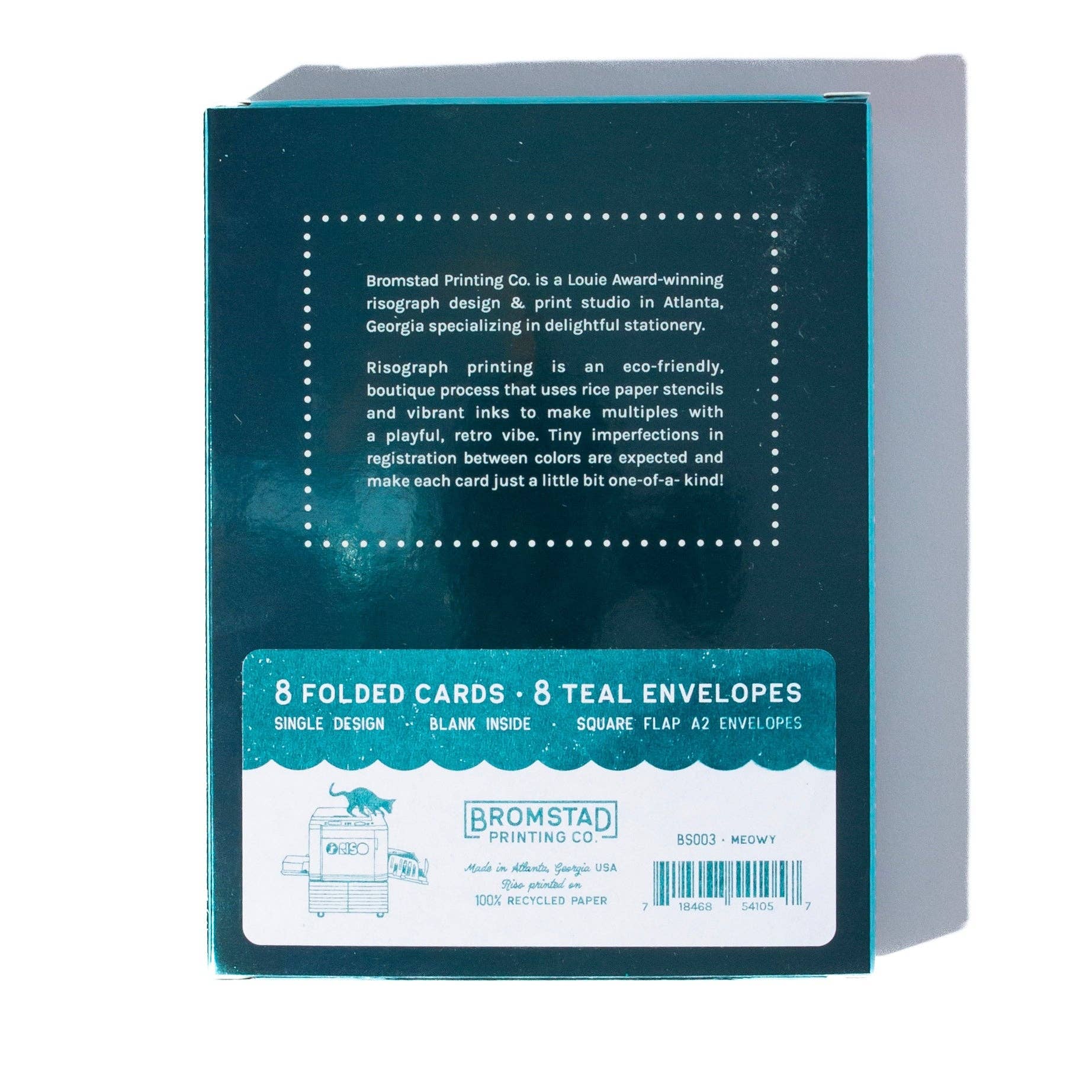 Box of 8 folded cards and 8 teal envelopes with Bromstad Printing Co branding.