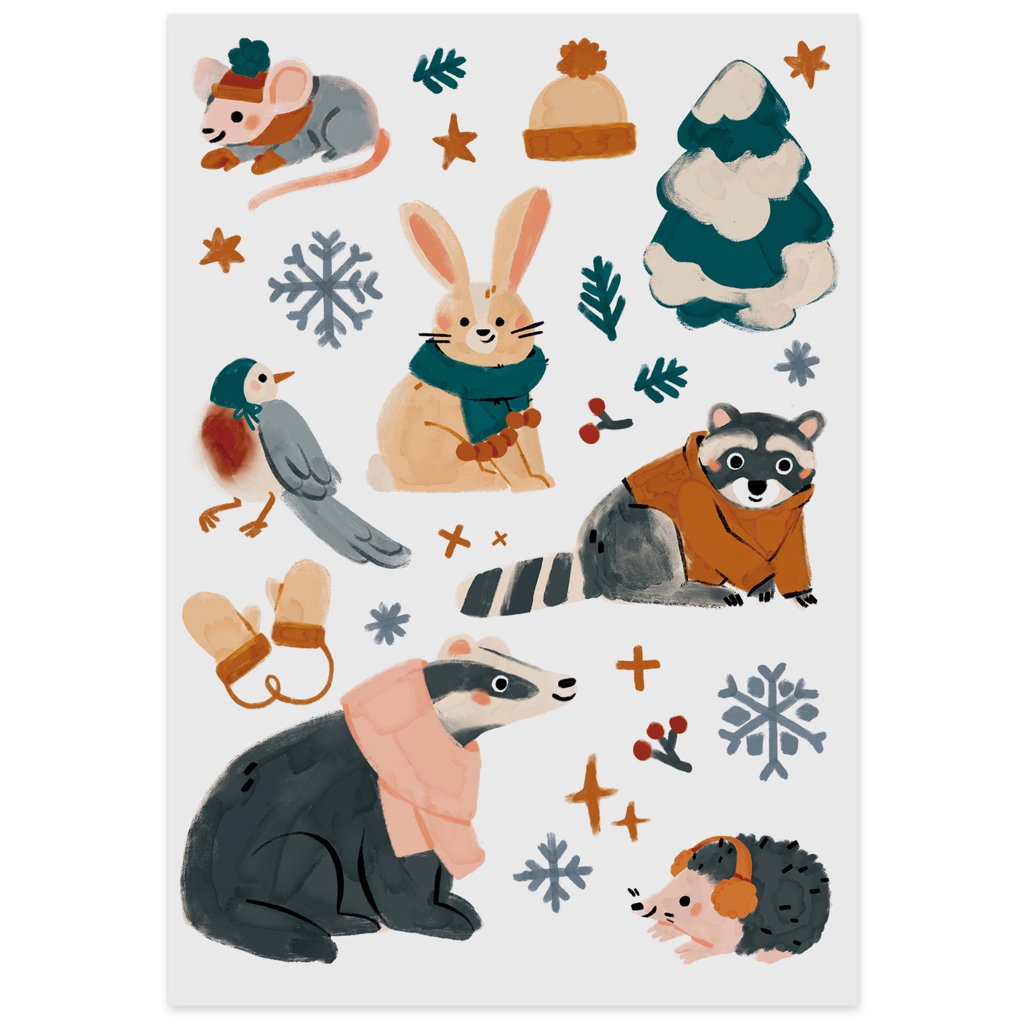 Illustrations of animals in winter clothing on a white background