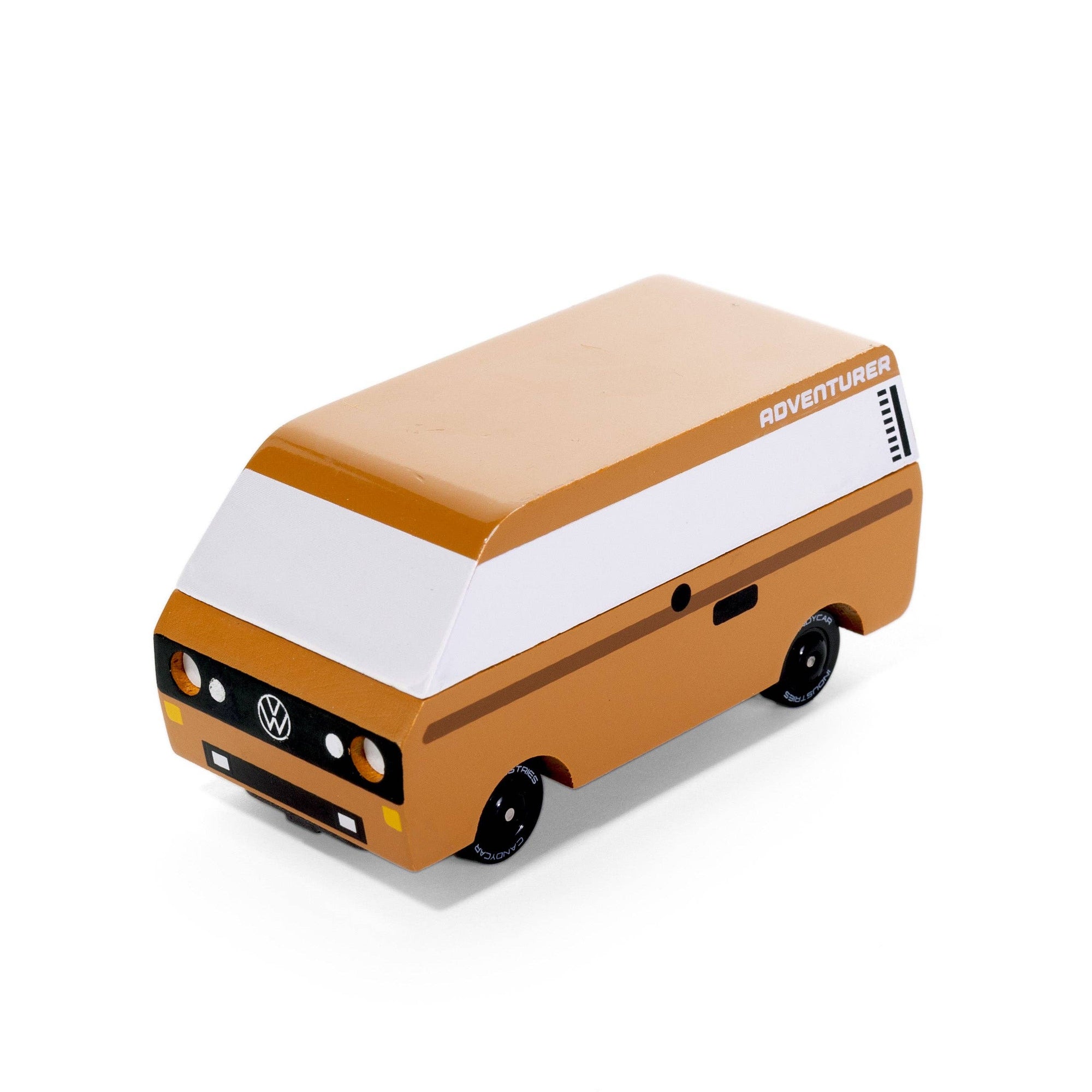Model of a vintage van with a brown body and white roof on a white background