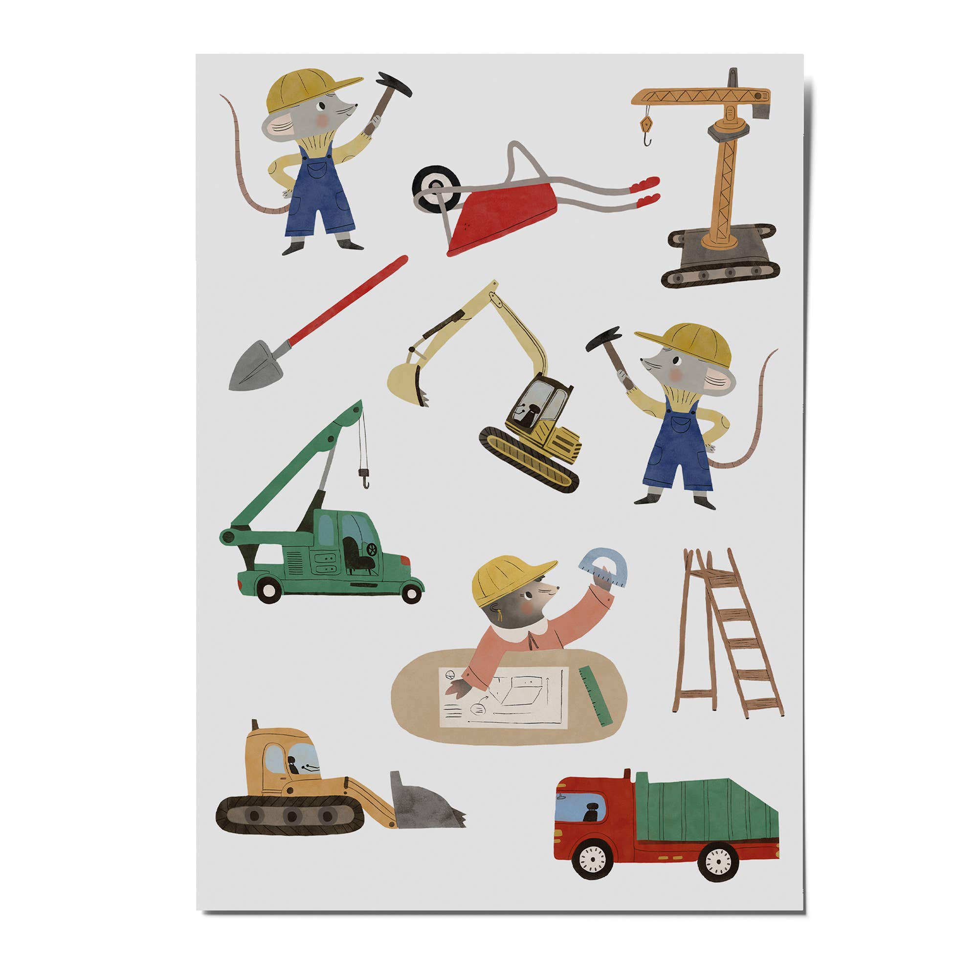 Illustrations of construction-themed characters and vehicles on a white background