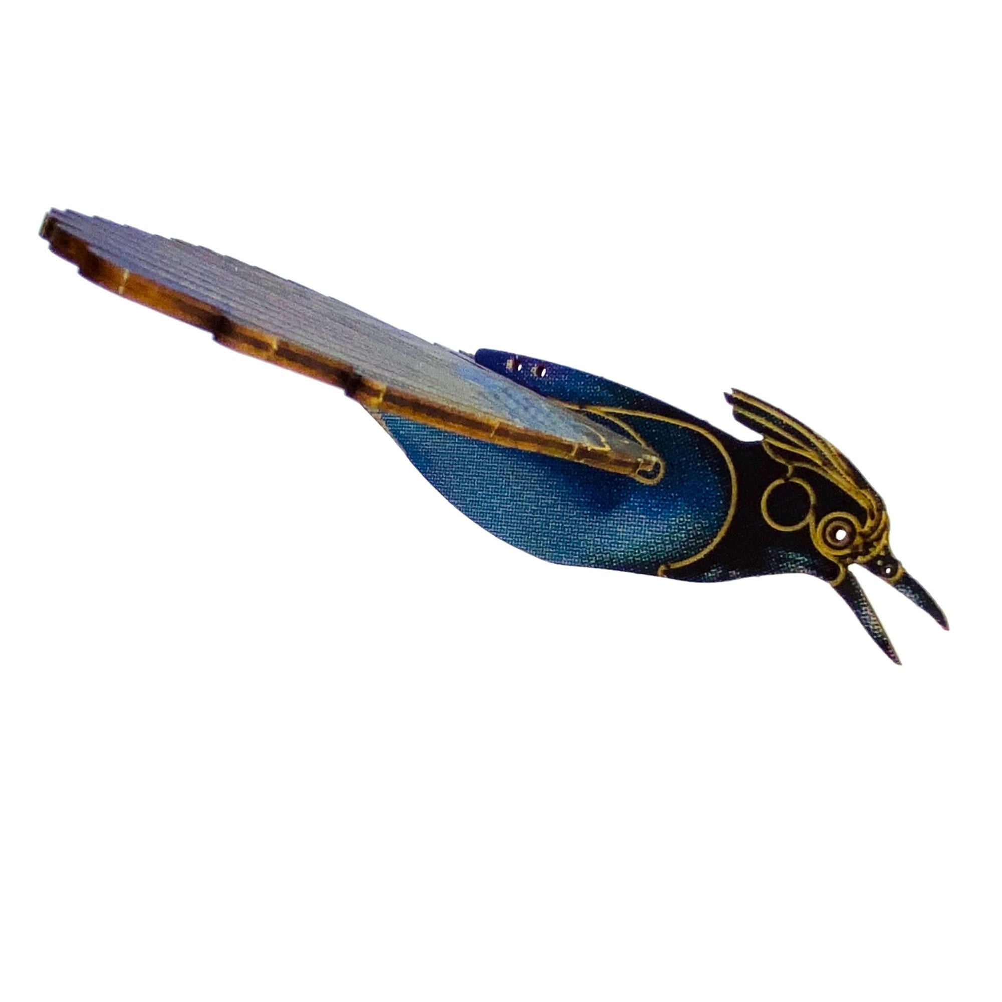 Decorative bird-shaped object with blue and gold colors on a white background