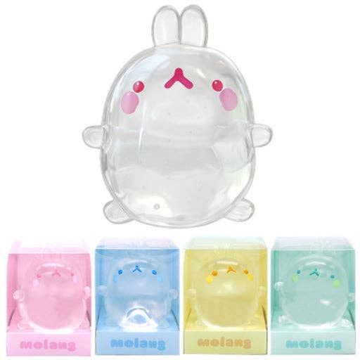 Set of four cute animal-themed containers with visible brand 'molang'.