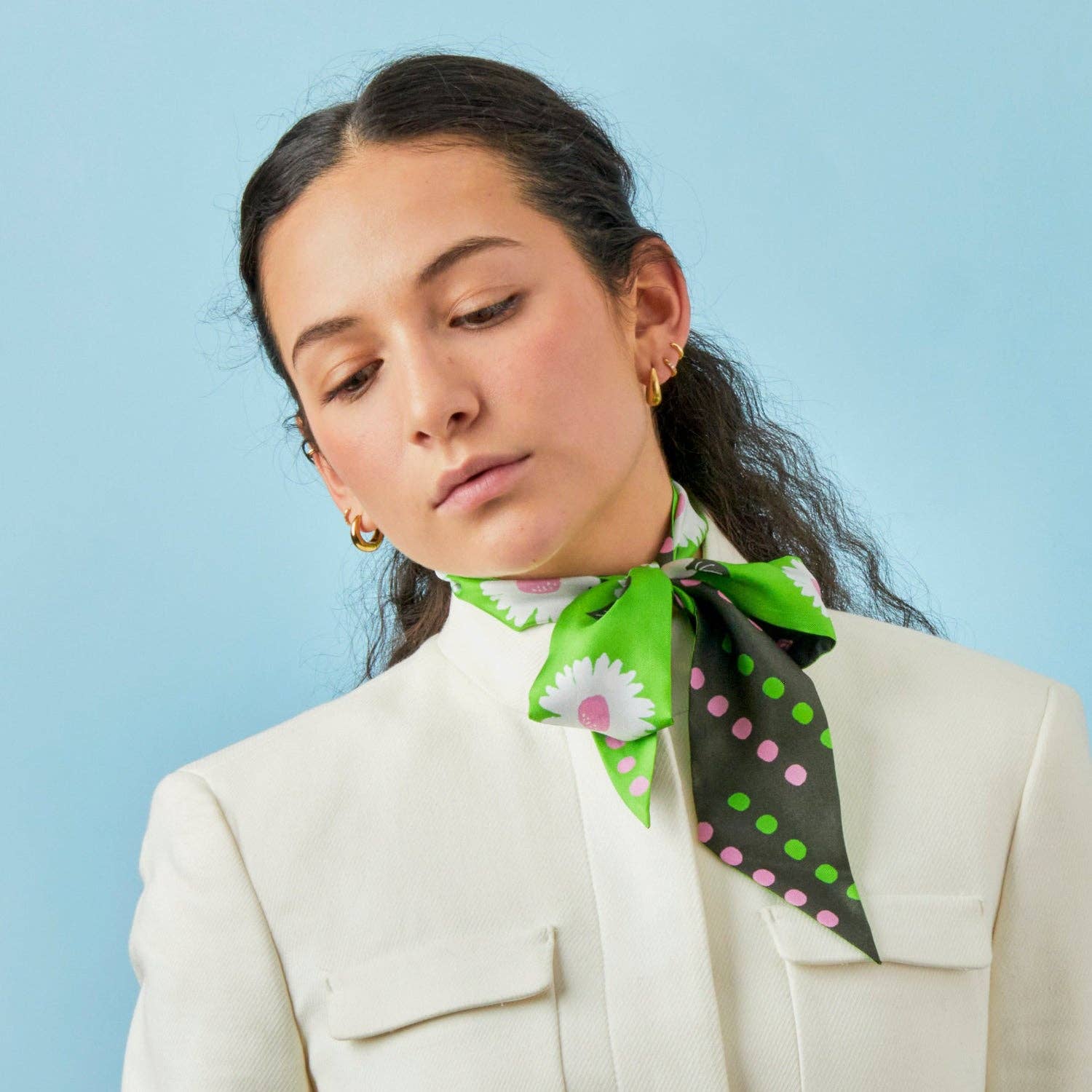 WHITE FLOWER  - Twilly Ribbon Scarf