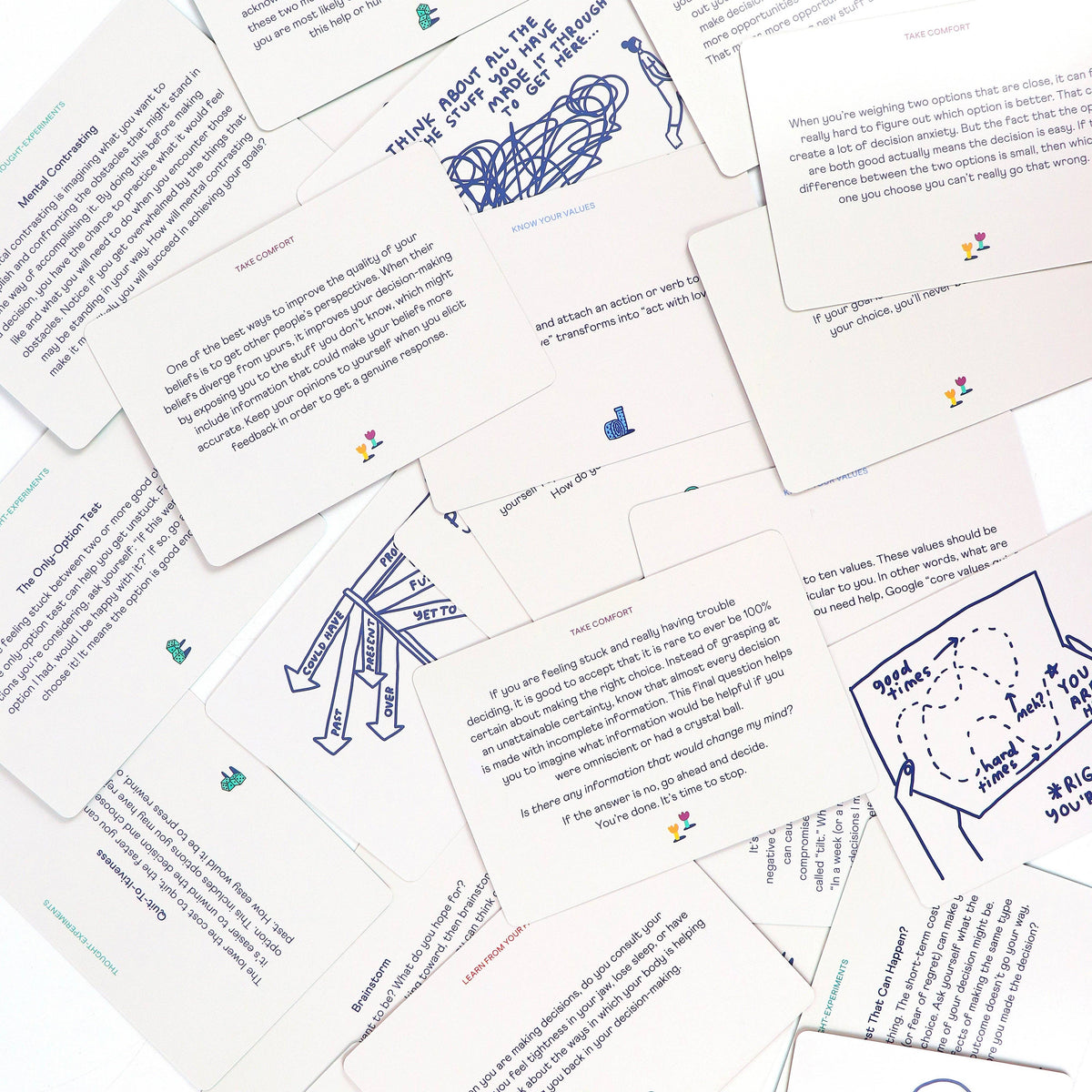 Collection of printed cards with text and graphics on a white background
