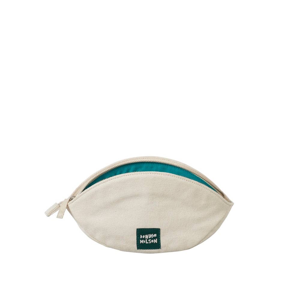 Beige pouch with teal interior and visible brand logo on a white background