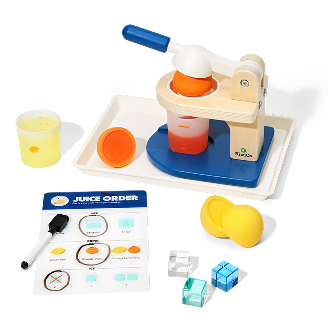 Wooden juice press toy set with lemons, juice, and educational material on a white background