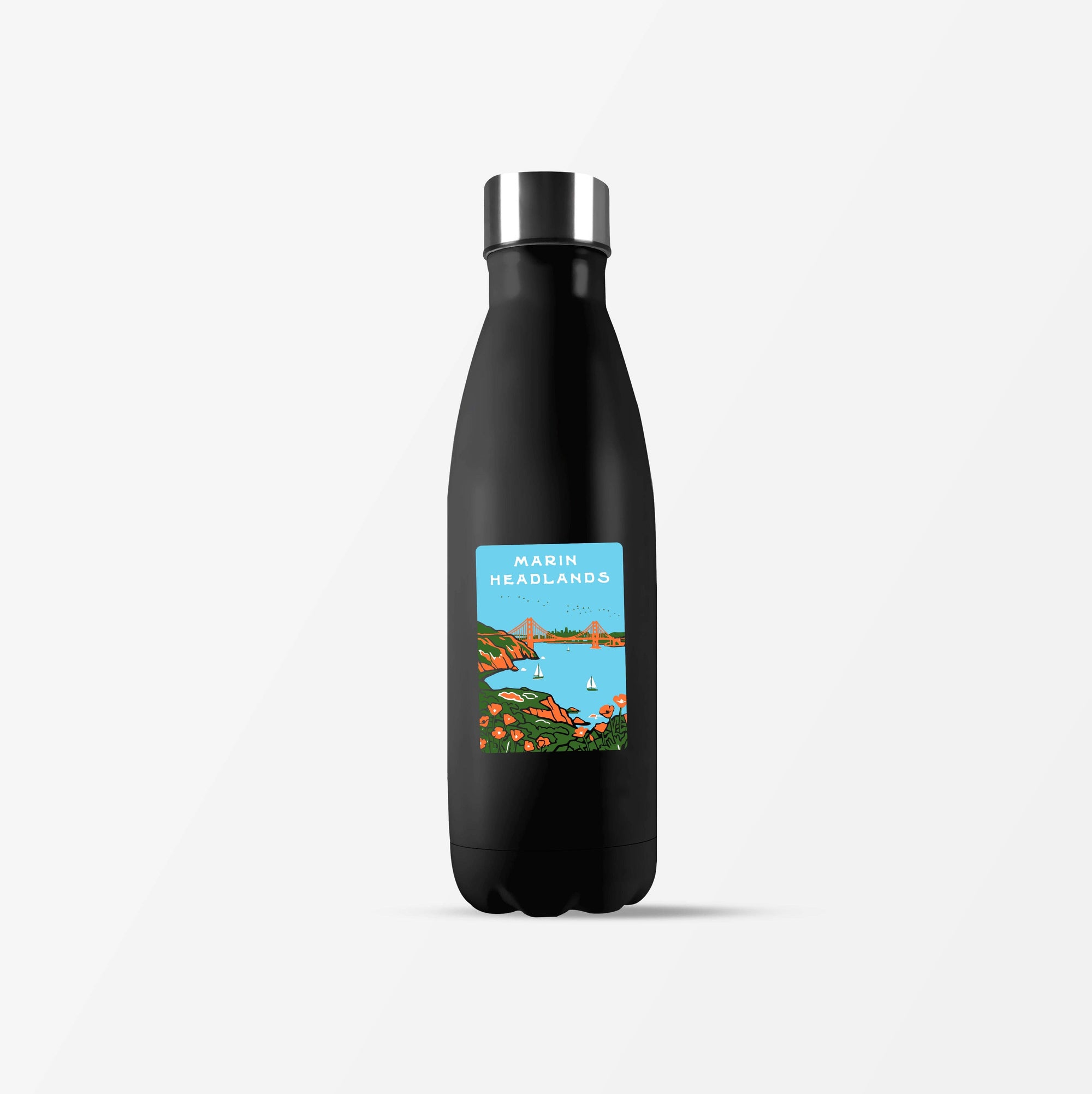 Black water bottle with a colorful label on a white background