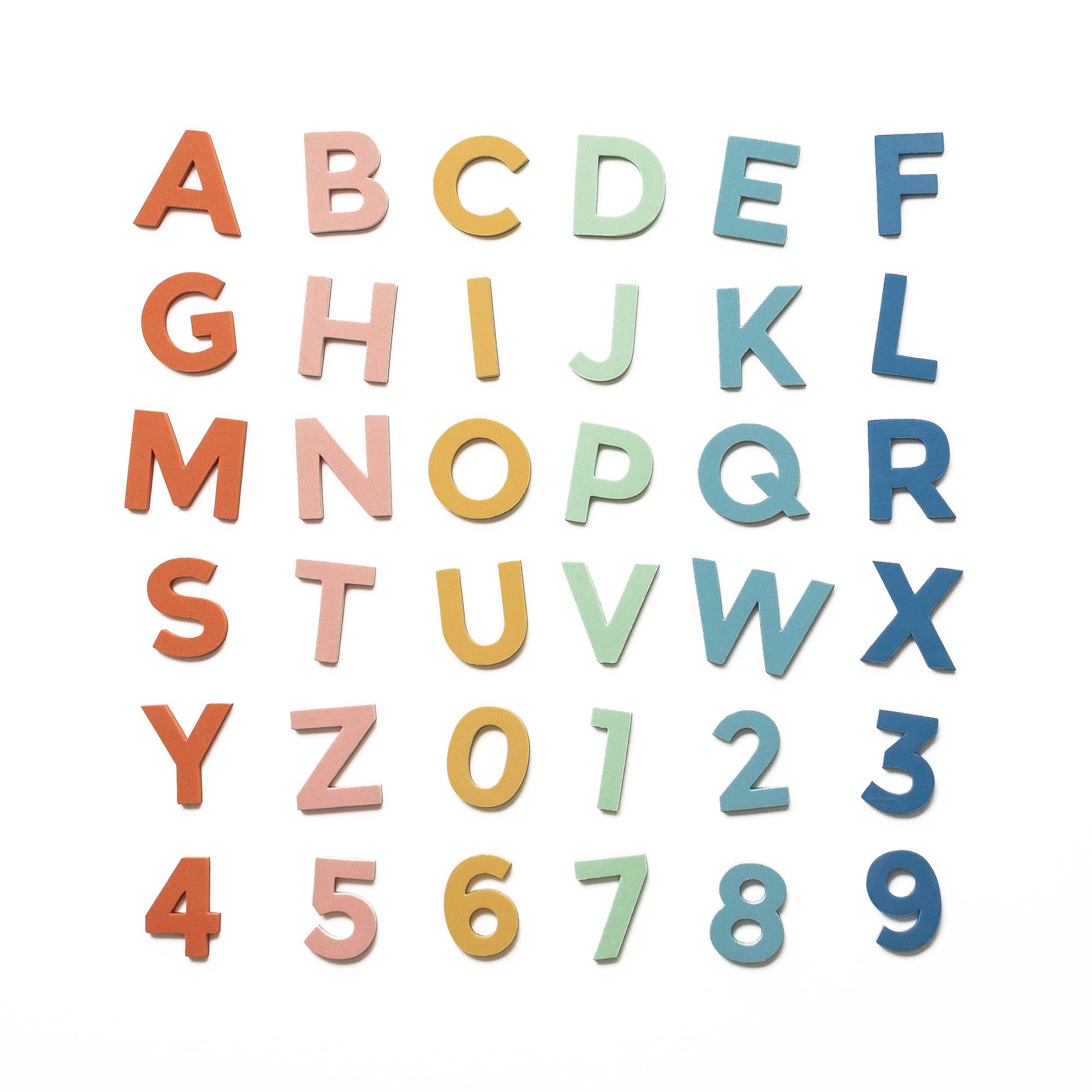 Colorful alphabet letters and numbers on a white background