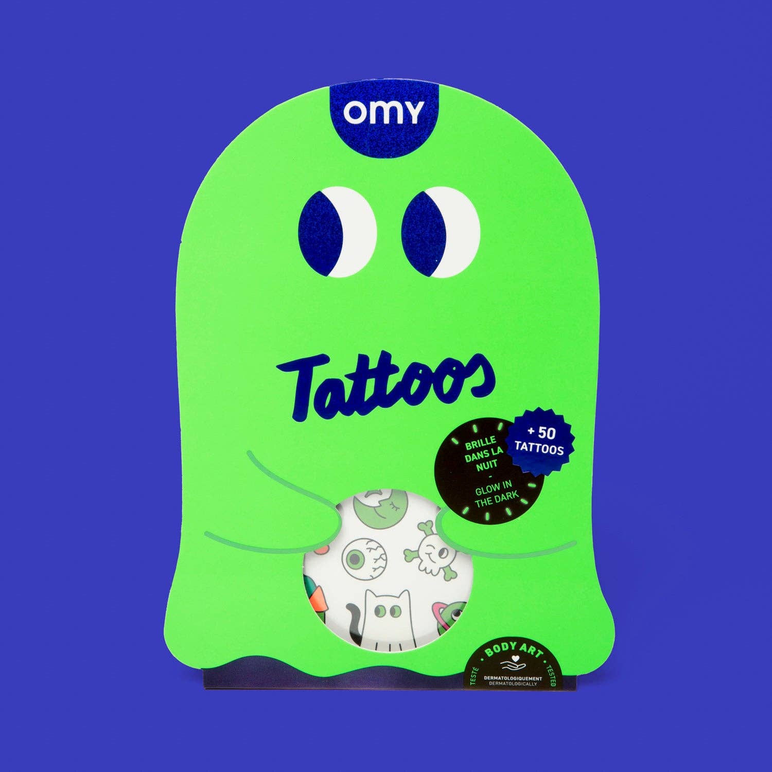 Green packaging of OMY tattoos with a blue background