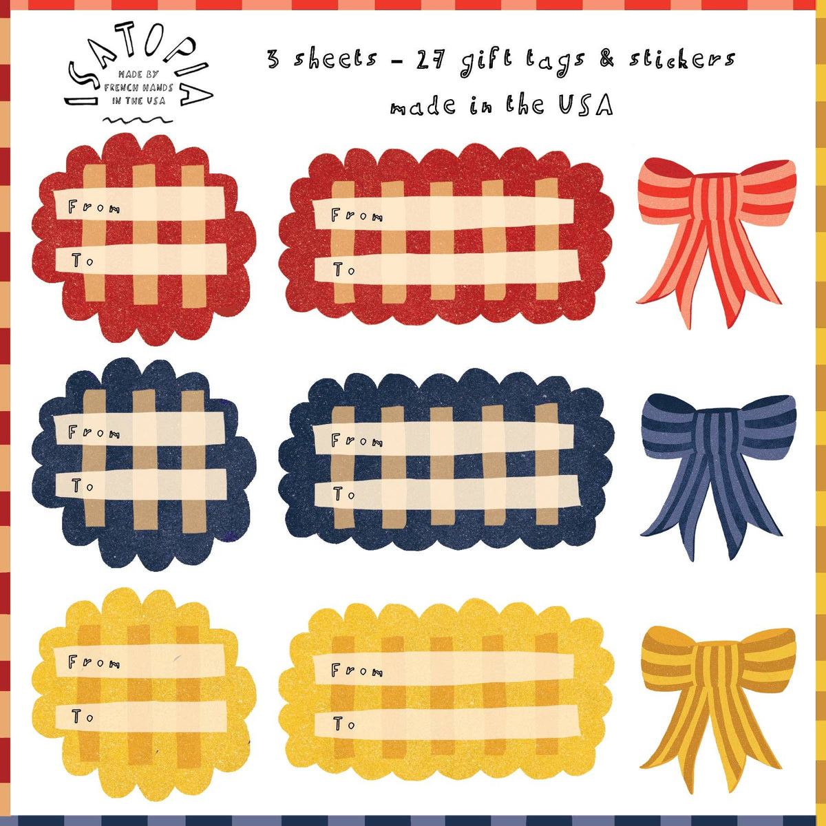 A sheet of gift tags and stickers with three rows of rectangular labels and three ribbon stickers. The labels have scalloped edges in red, navy blue, and yellow, with cream paper bands across the middle for writing.