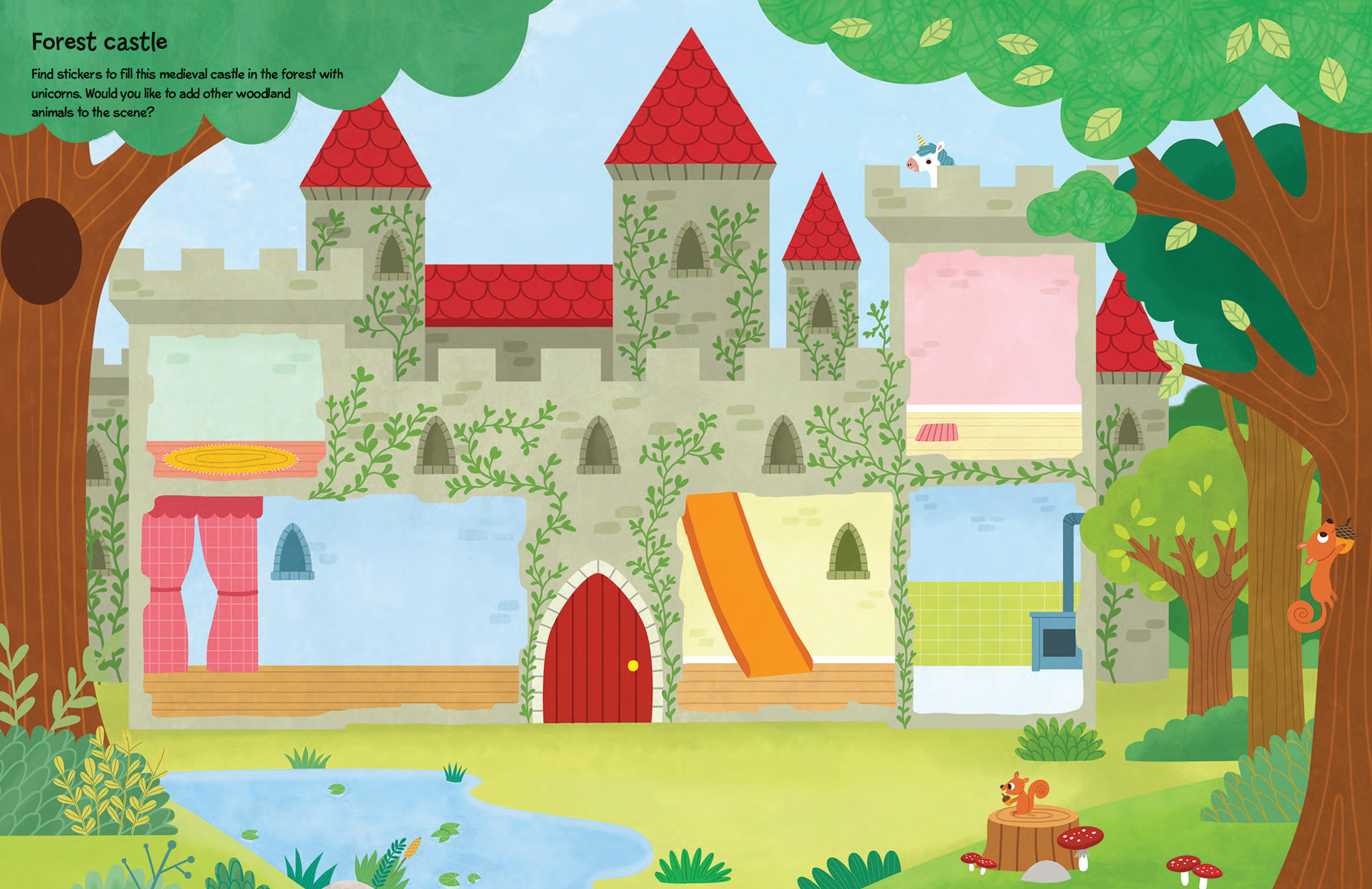 Illustration of a castle in a forest with trees and a pond.