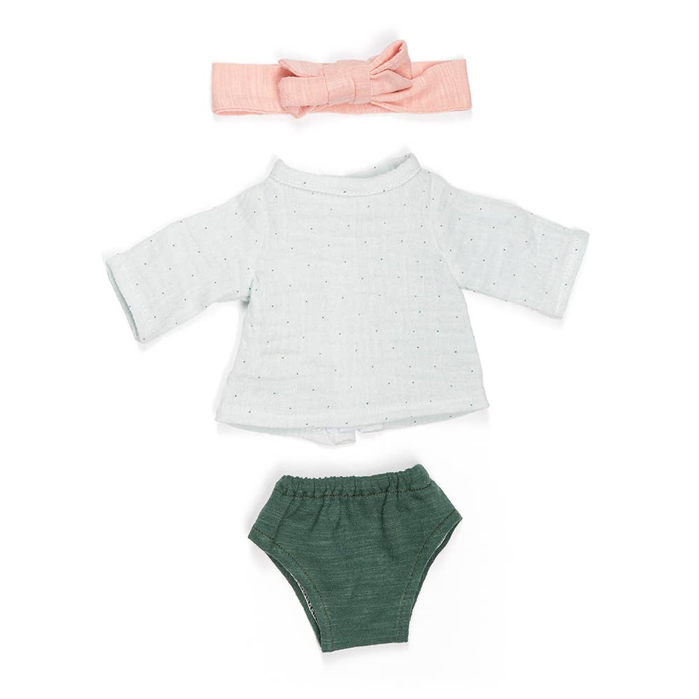 Doll outfit set with white top, green bloomers, and pink headband on a white background