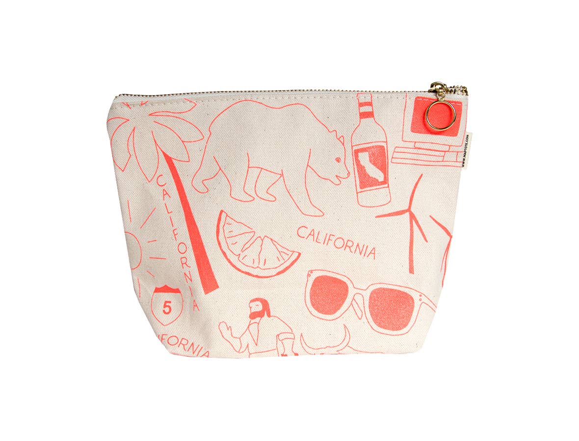 A small zippered pouch with a cream background and coral-red line-art illustrations of California-themed motifs, including a bear, sunglasses, a palm tree, a bottle, and the word 'CALIFORNIA'.