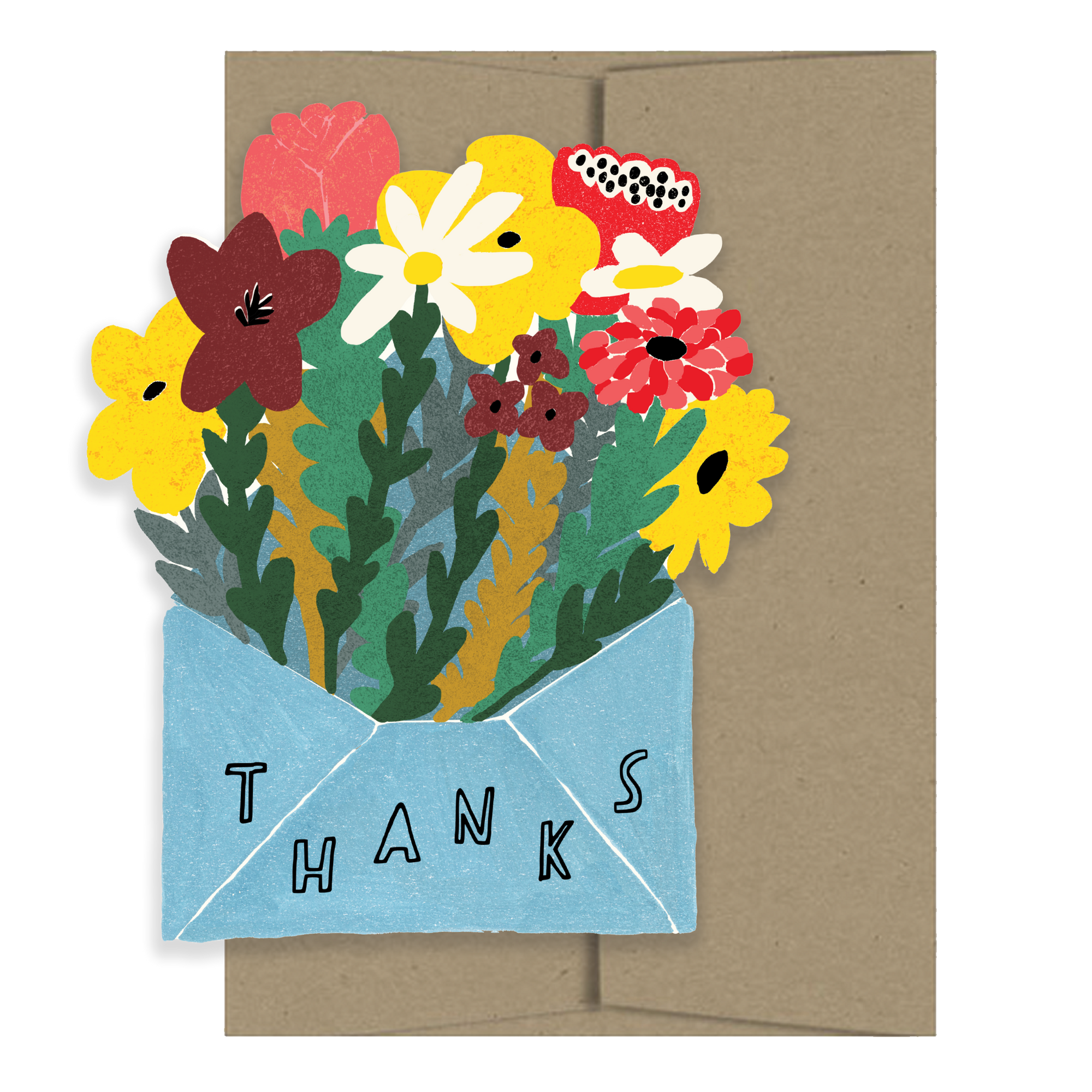 Greeting card with colorful flowers and 'THANKS' text on a brown envelope