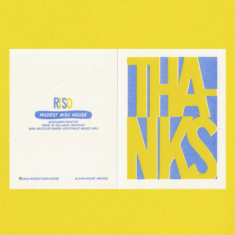 A square art print or packaging panel with a bold graphic design, shown against a solid yellow background. The design features a split layout: the left side is off-white with the text 'RISO MODEST RISO HOUSE' in blue and yellow, and the right side is white with large yellow letters spelling 'THANKS' over a blue patterned background.