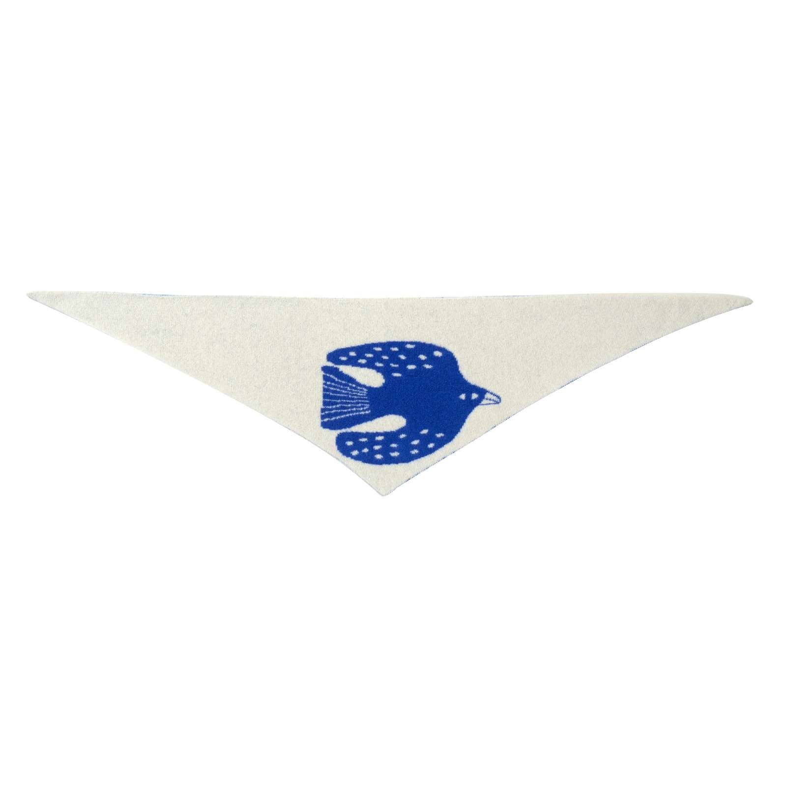 White triangle-shaped bandana with a blue fish design on a white background