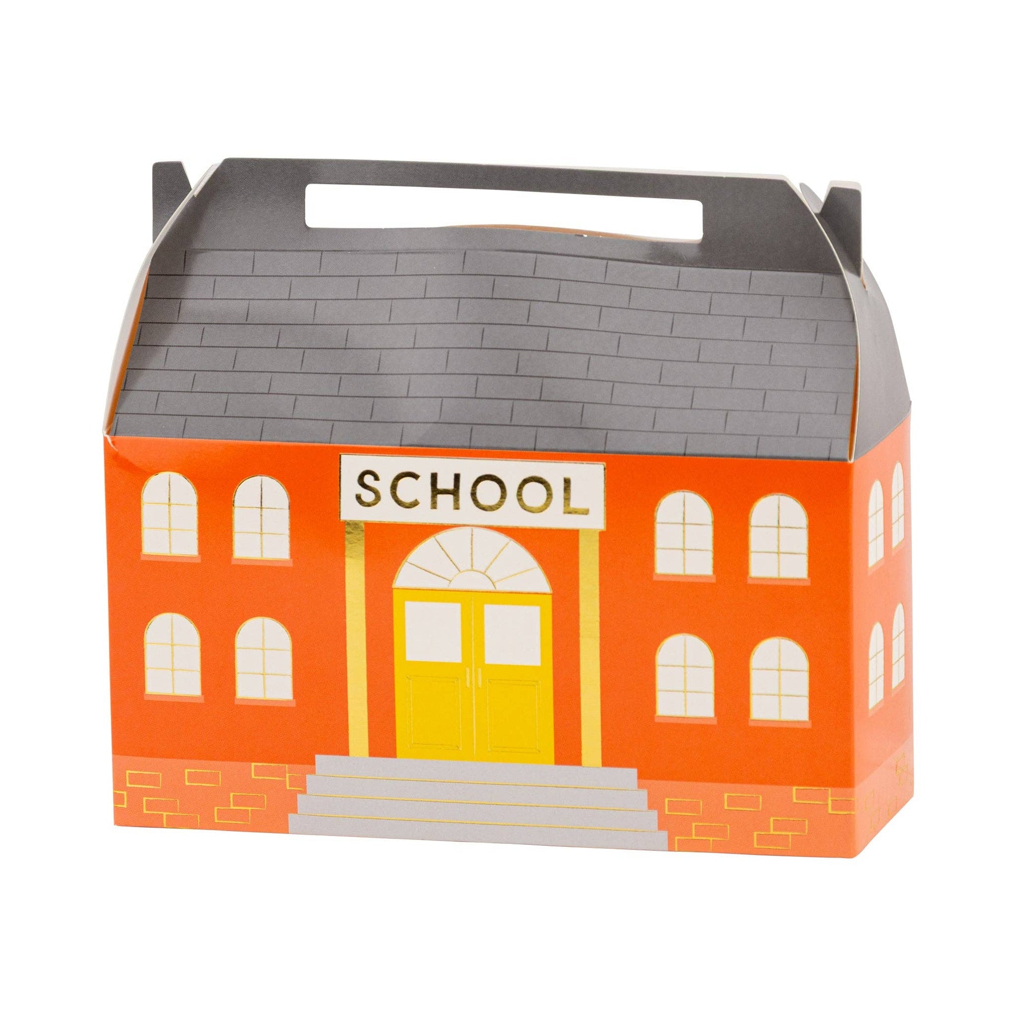 Cardboard box designed like a school building with a gray roof and orange body.