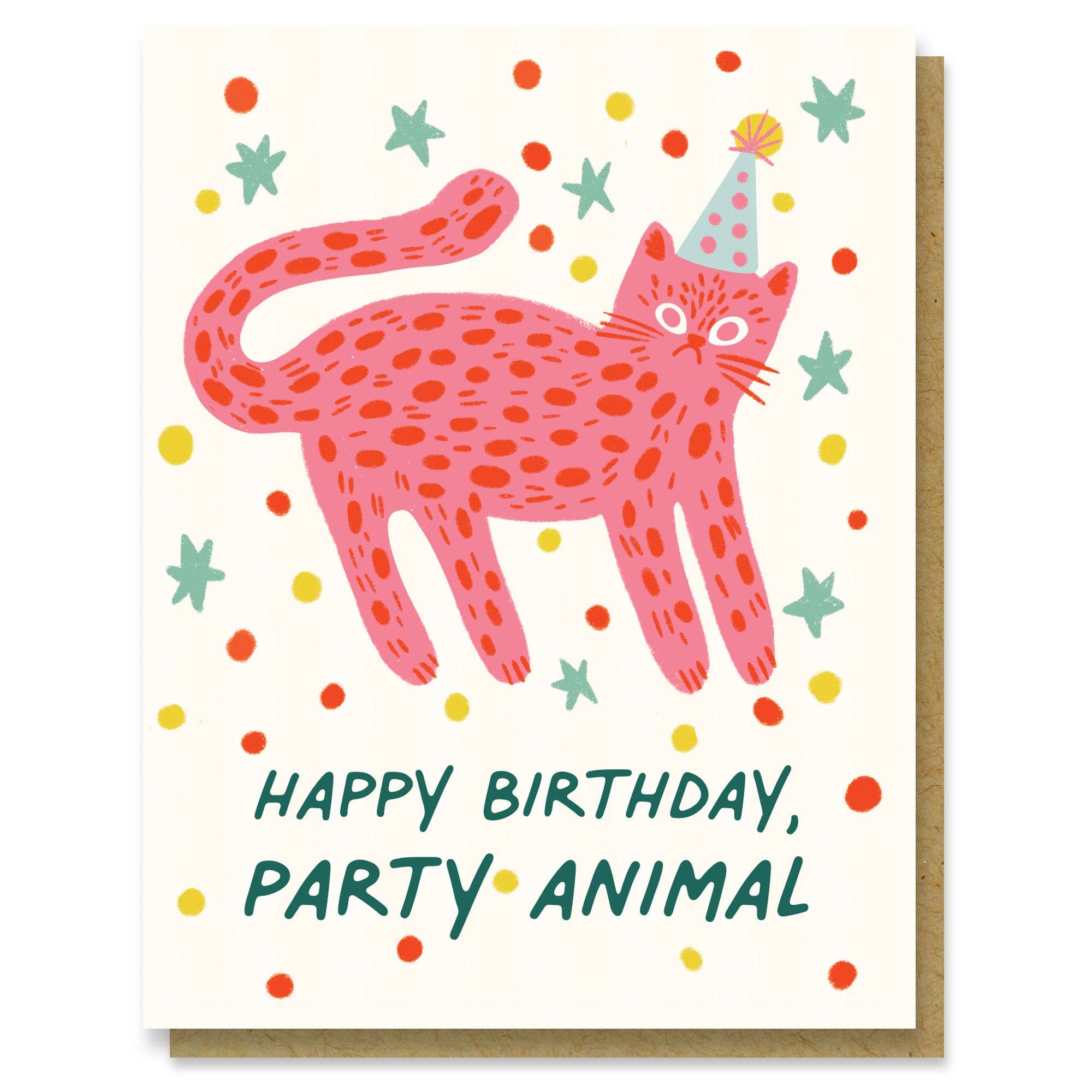 A birthday card featuring a pink spotted cat wearing a party hat, with the text 'HAPPY BIRTHDAY, PARTY ANIMAL' on a cream background, shown with a brown envelope behind it.