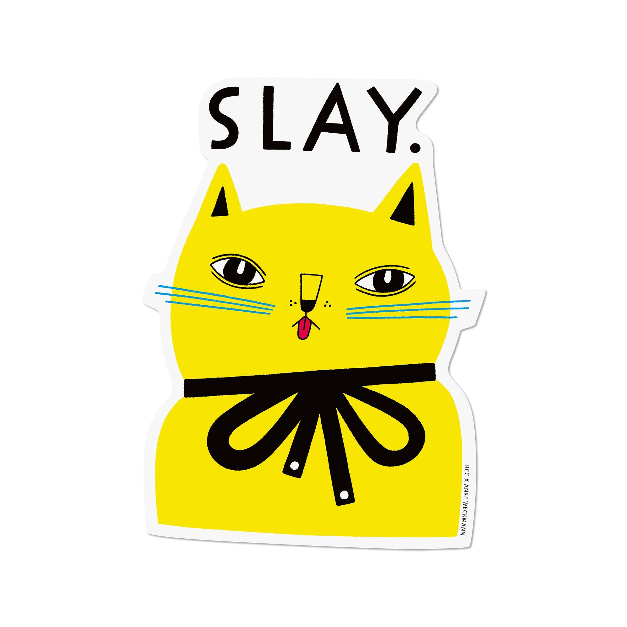 Yellow cat illustration with 'SLAY.' text on a white background