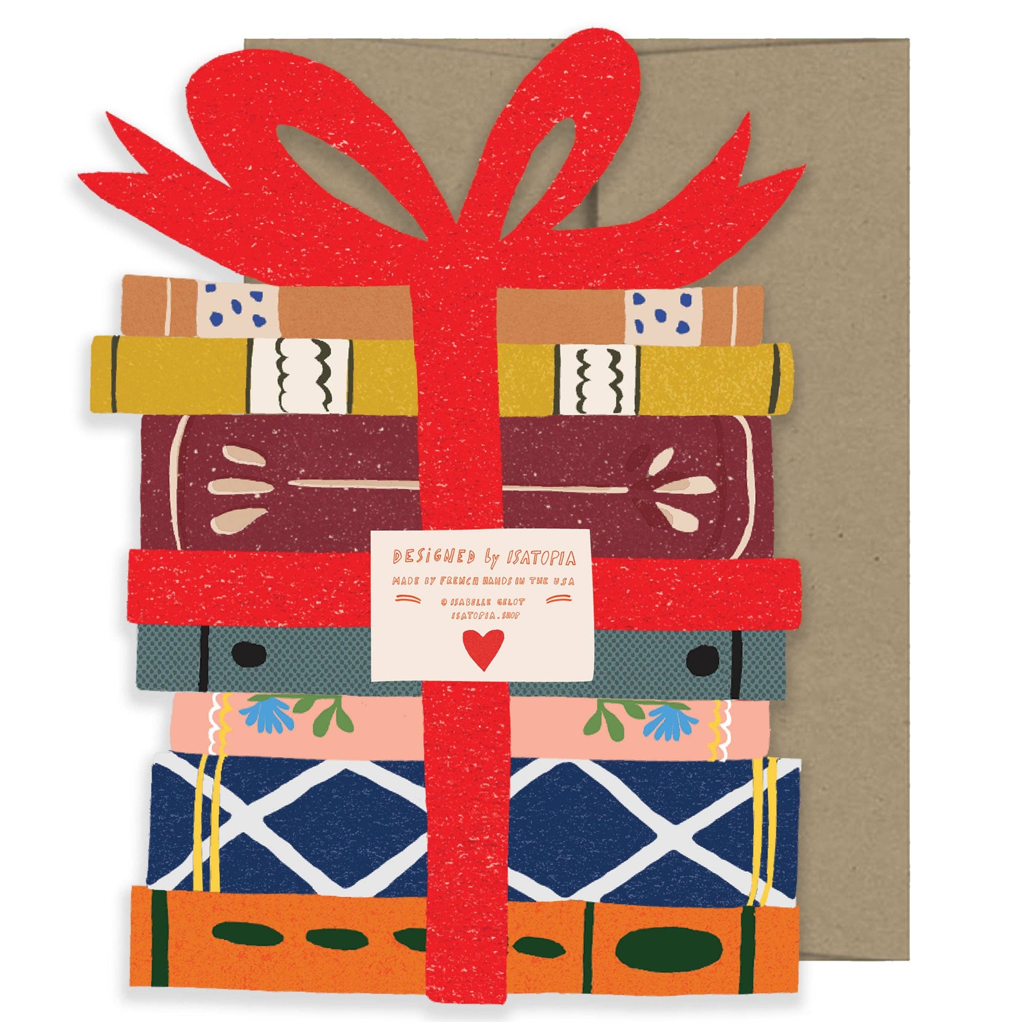 Card with a colorful gift-wrapped present design and red ribbon on a beige background