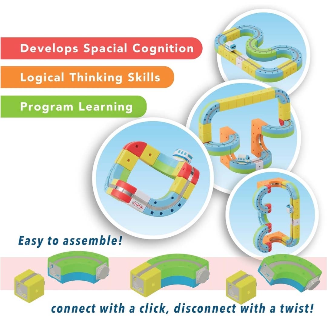 Colorful toy track set with text highlighting cognitive skills development and assembly ease.