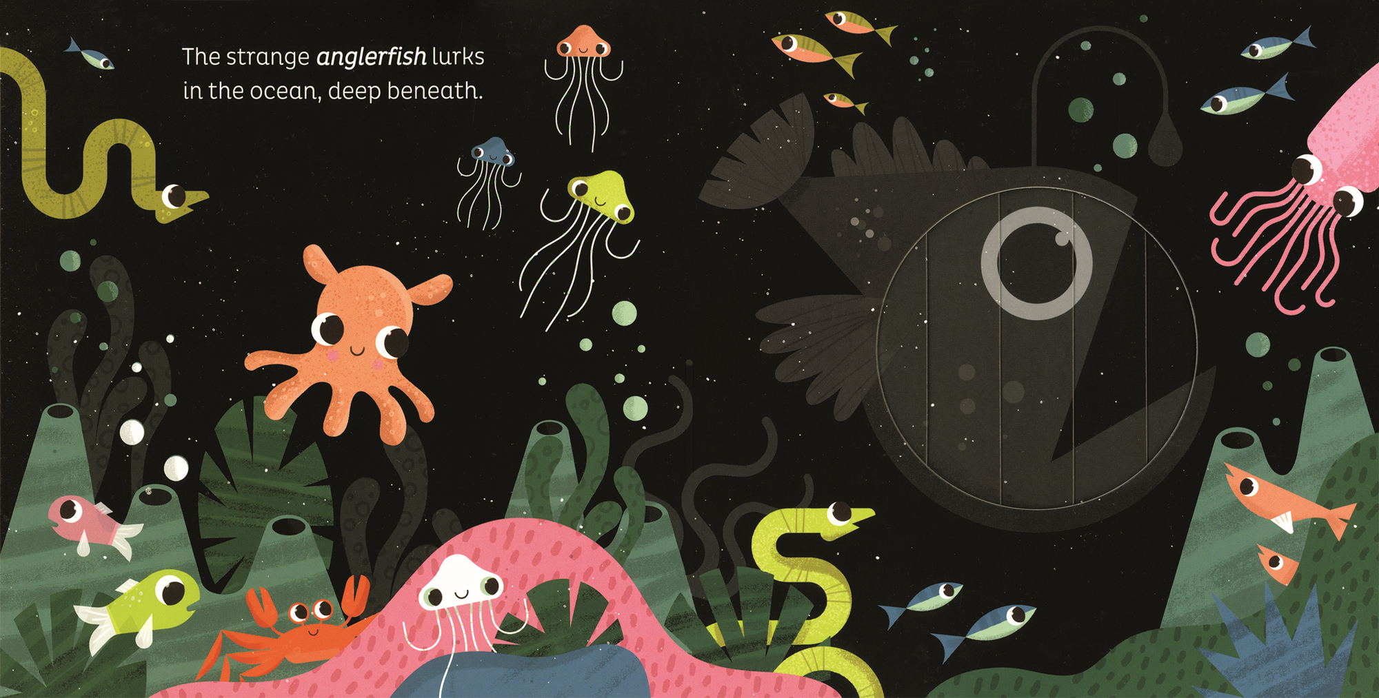 Illustration of various sea creatures in an underwater scene with a dark background.