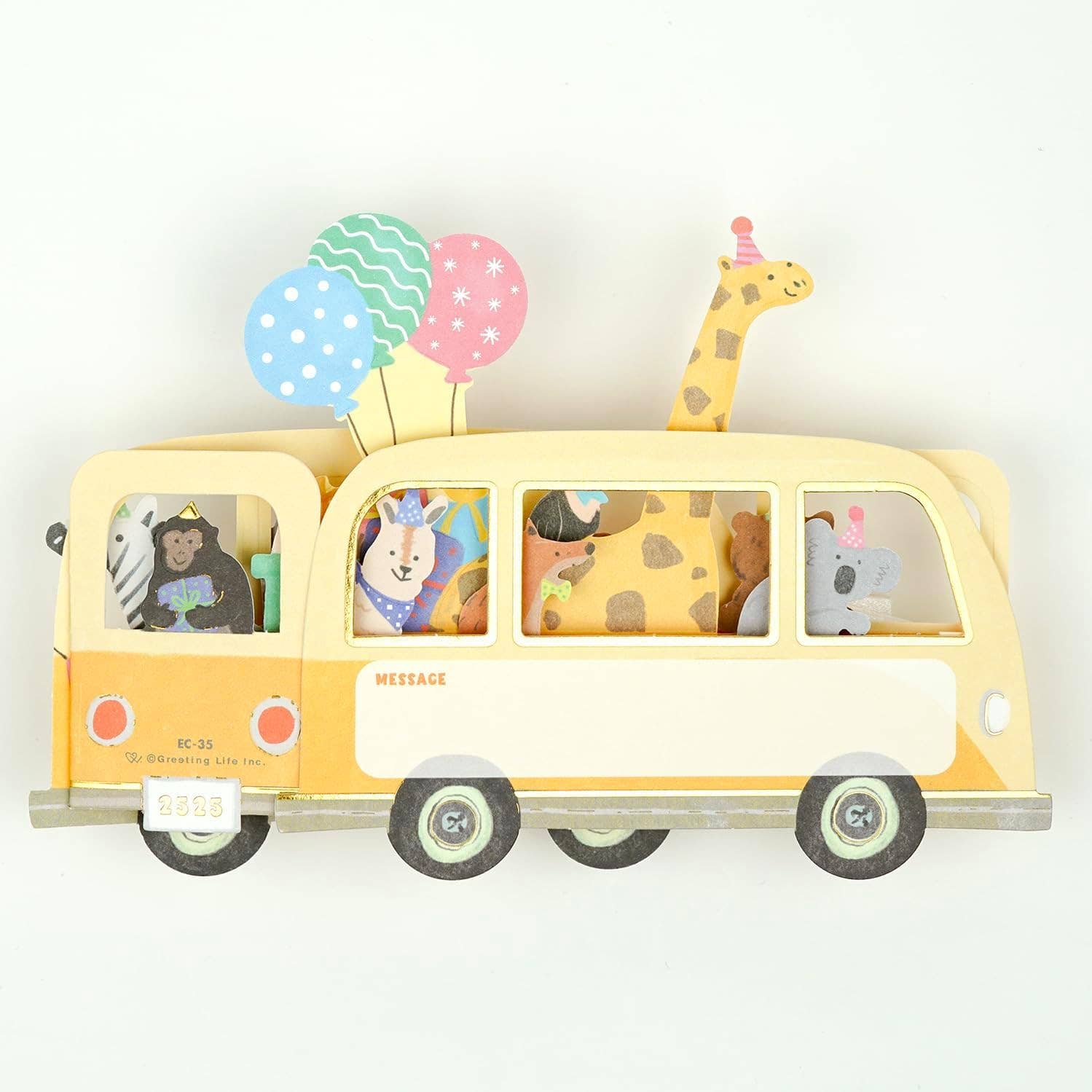 Toy bus with animal figures and balloons on a white background