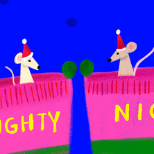 Two cartoon mice in red hats on a pink fence with 'NAUGHTY' and 'NICE' text, against a blue background.