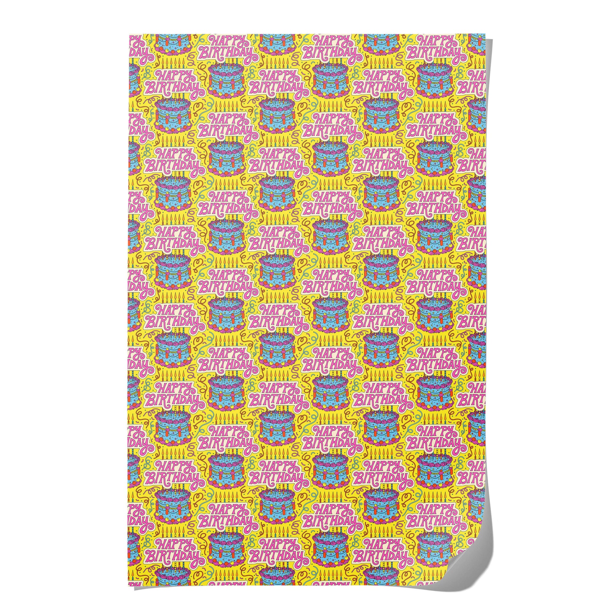 Patterned paper with 'Happy Birthday' text and cake design on a white background