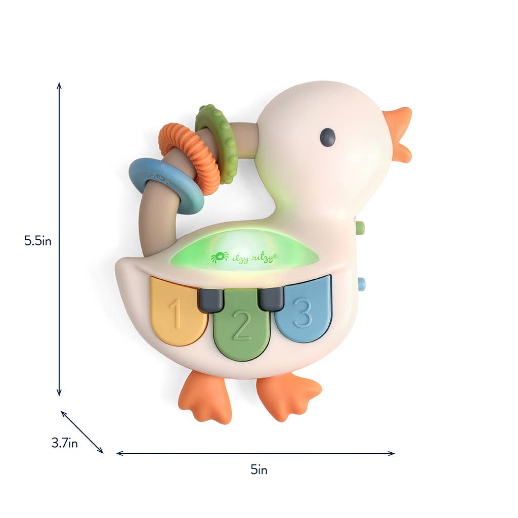 Colorful baby toy with numbers and a duck design, showing dimensions on a white background.