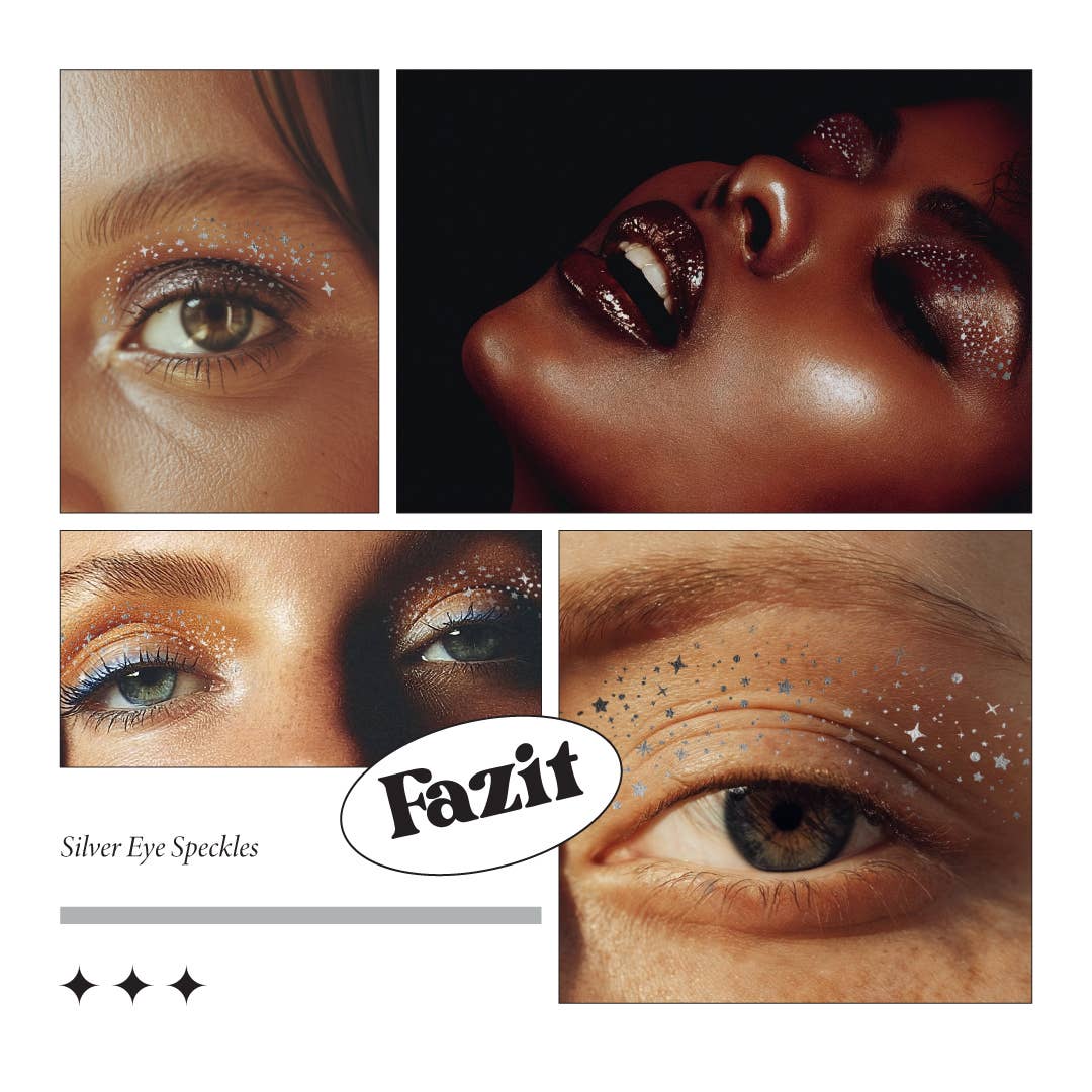Collage of close-up shots of eyes with 'Fazit' silver eye speckles product.