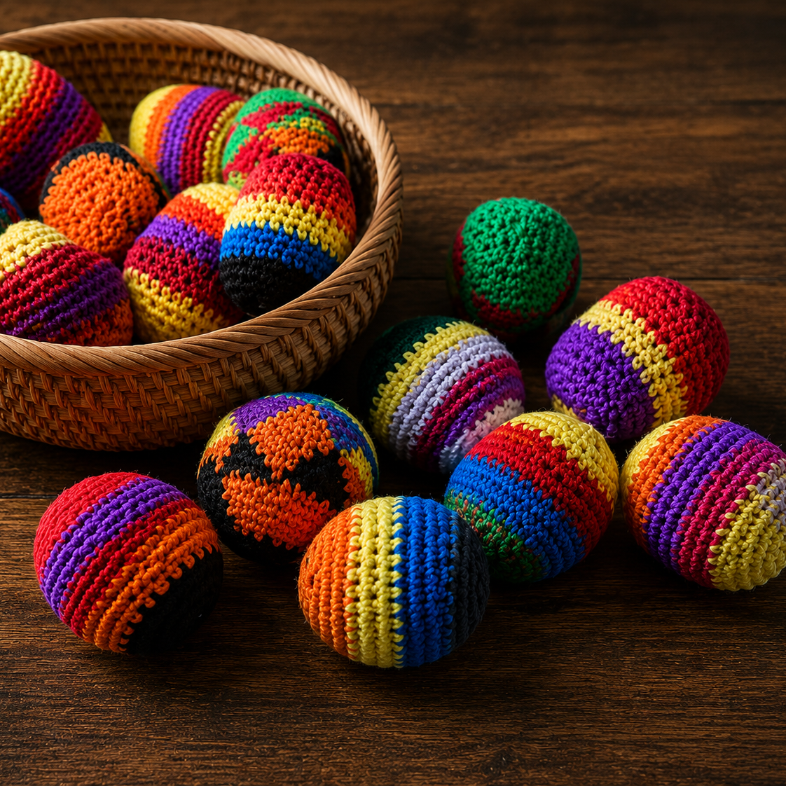 Colorful crocheted balls on a wooden surface with a woven basket.