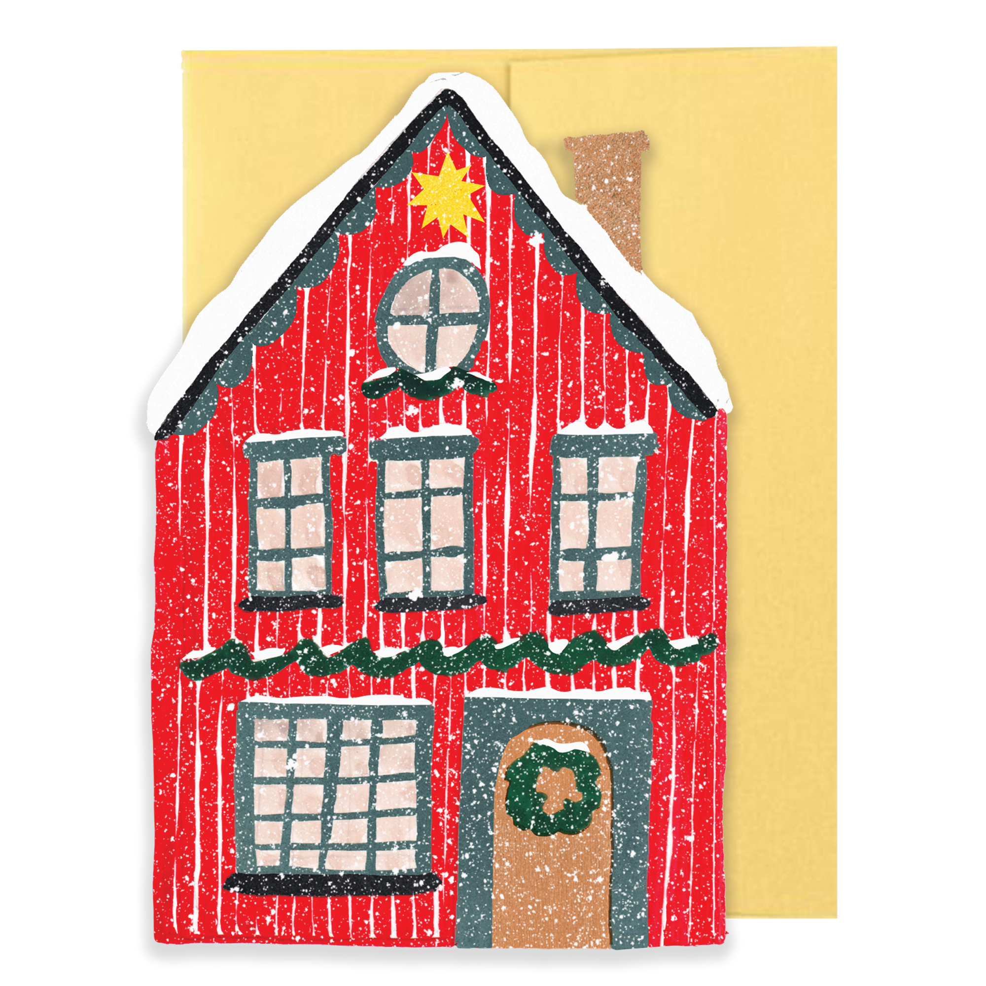 Card with a red house illustration on a yellow envelope