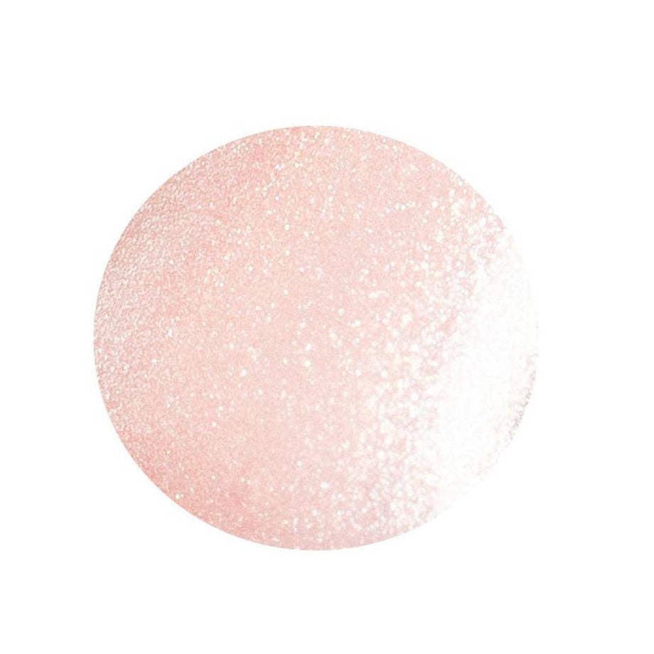 A circular color swatch showing a light pink glitter texture fading into a shimmering white on a solid white background.