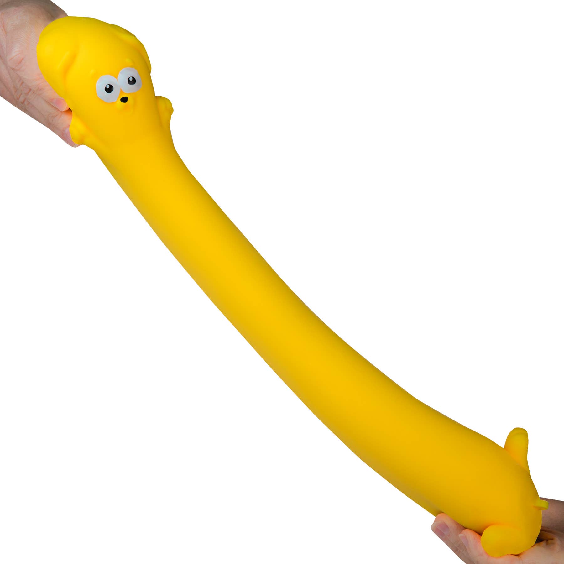 Yellow stretchy toy with a face held between two hands on a white background