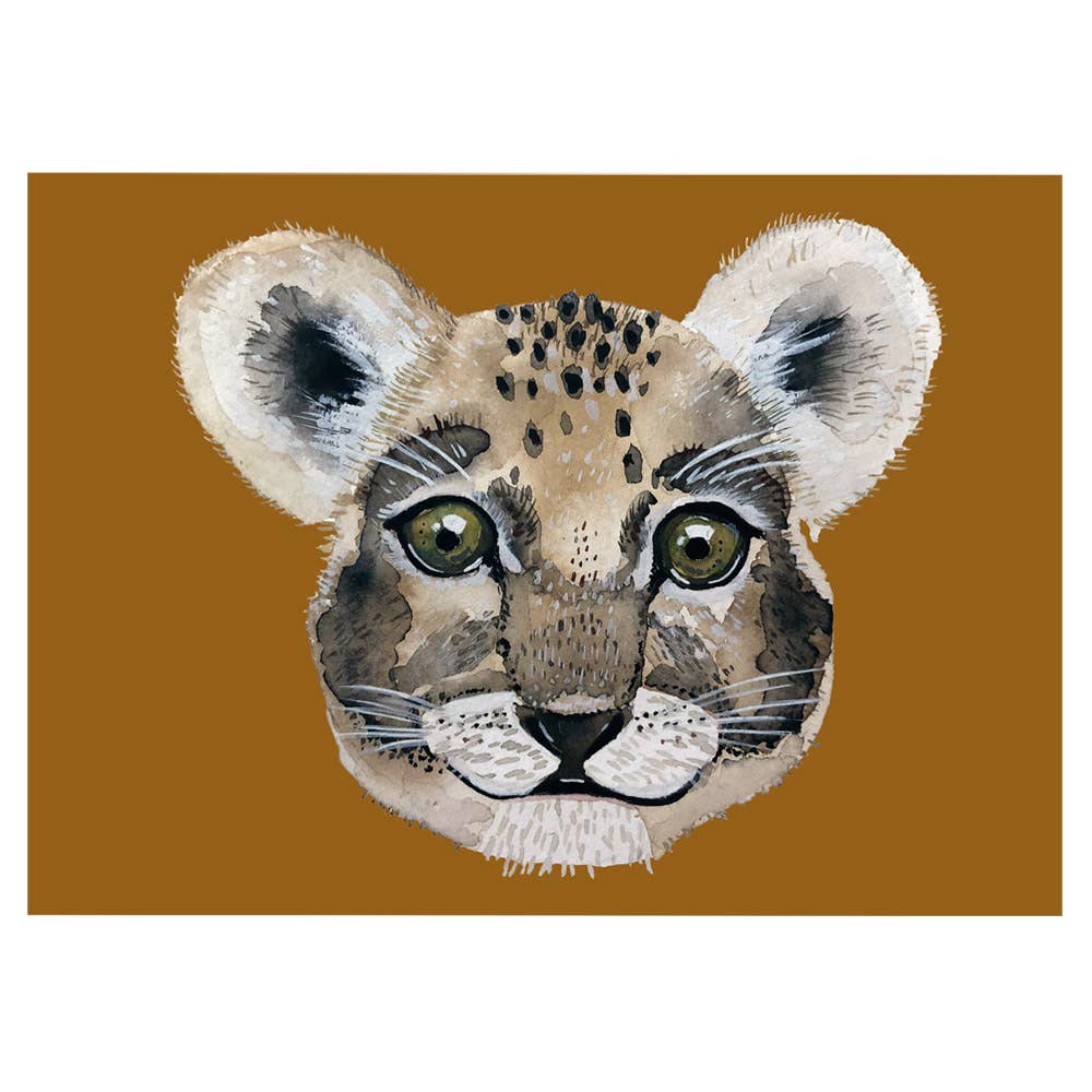 A square art print featuring a detailed painted leopard cub face centered on a solid warm brown background, shown against a white border.