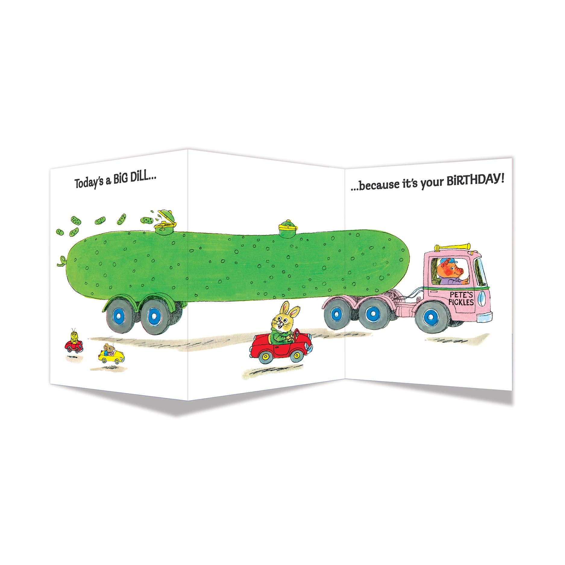 Birthday card with a cartoon truck and dill illustration on a white background