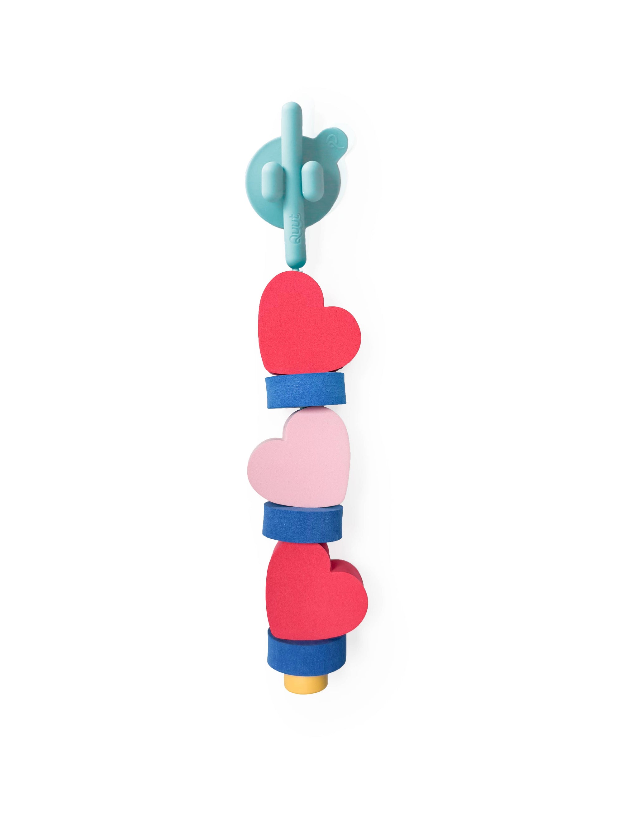 Colorful foam lacing toy with heart-shaped beads on a white background
