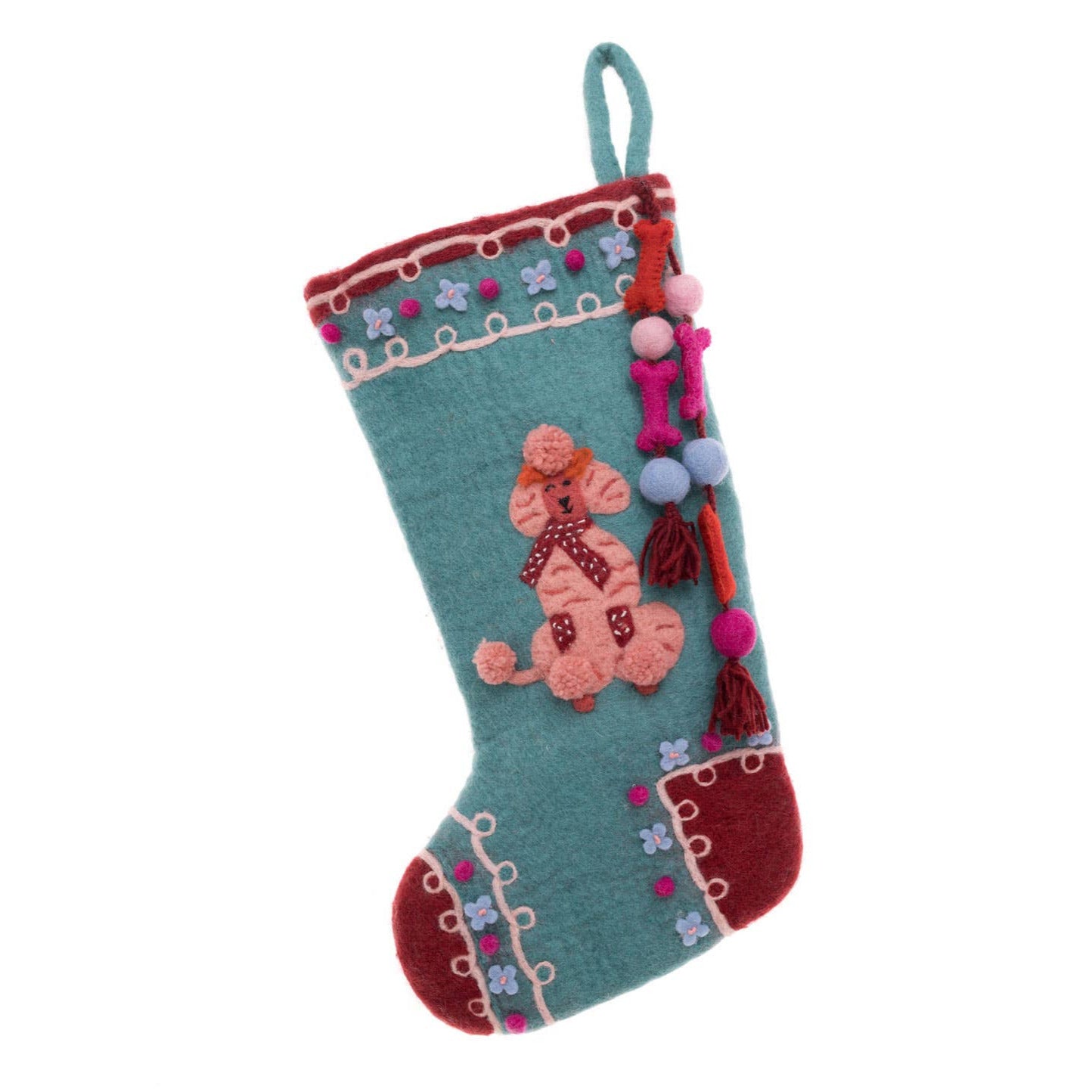 Decorative Christmas stocking with a pink dog design on a white background