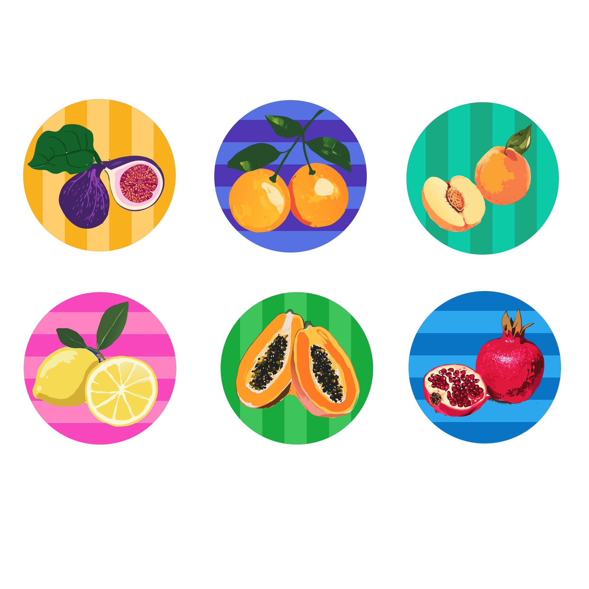 Set of colorful circular illustrations of fruits on a white background