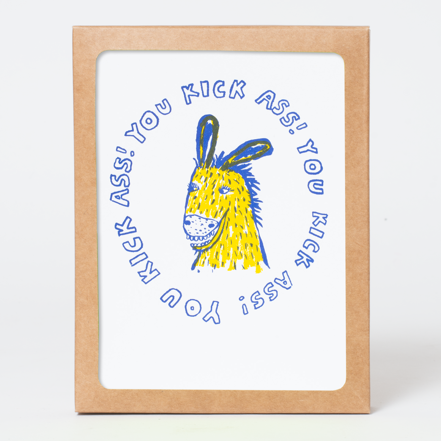 Card set with a yellow donkey illustration and text on a white background