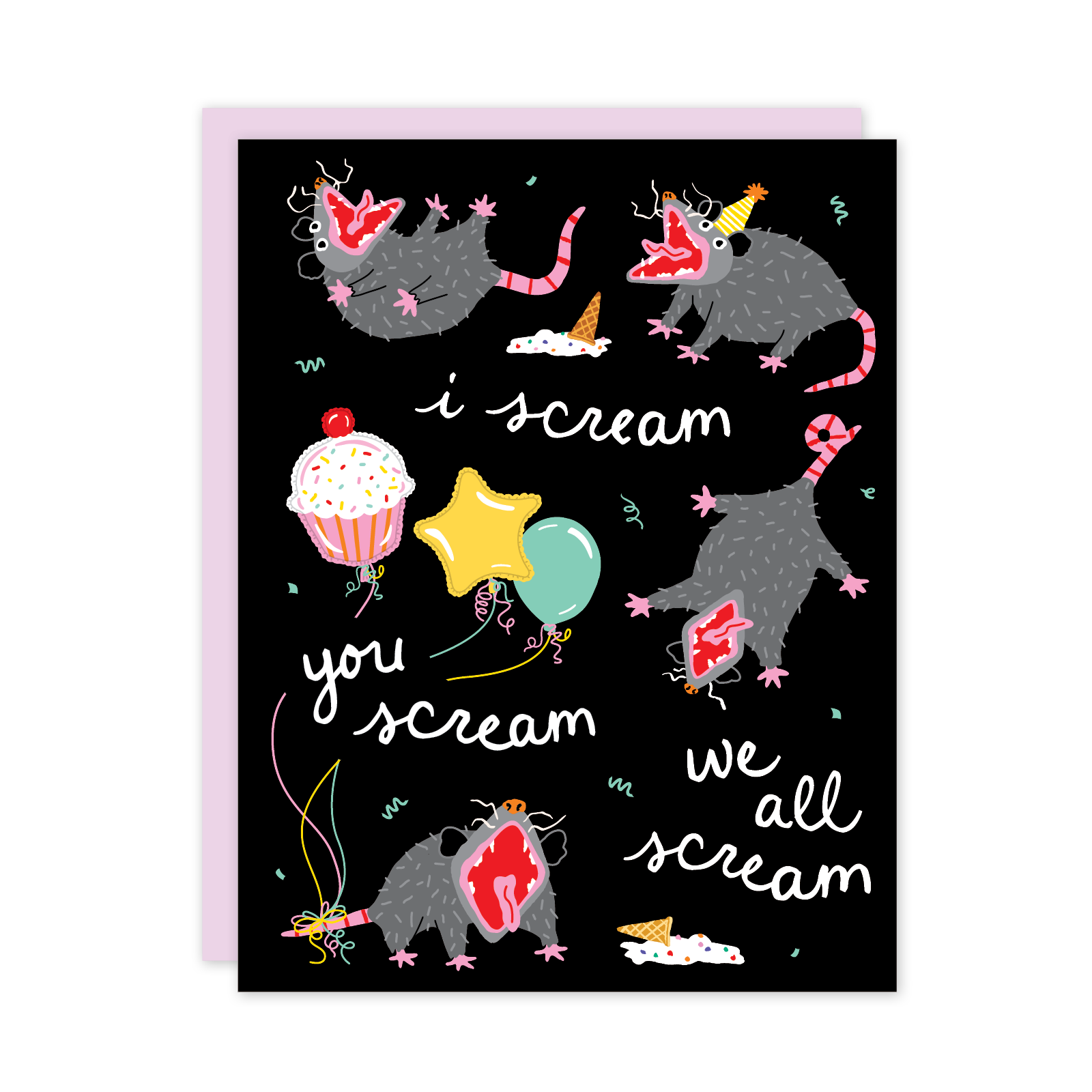 Greeting card with cartoon possums and ice cream-themed text on a black background