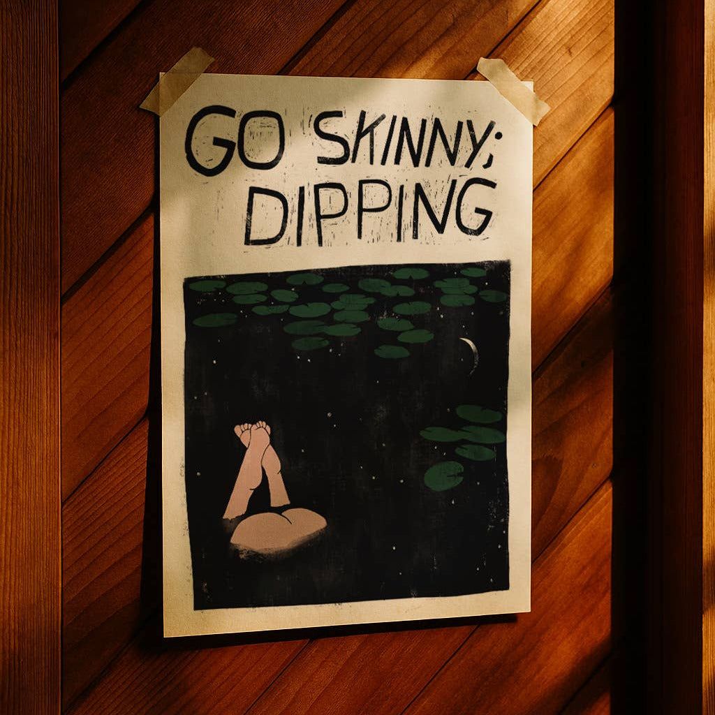 Handmade sign with 'Go Skinny Dipping' text and illustration of a person in water on a wooden surface.